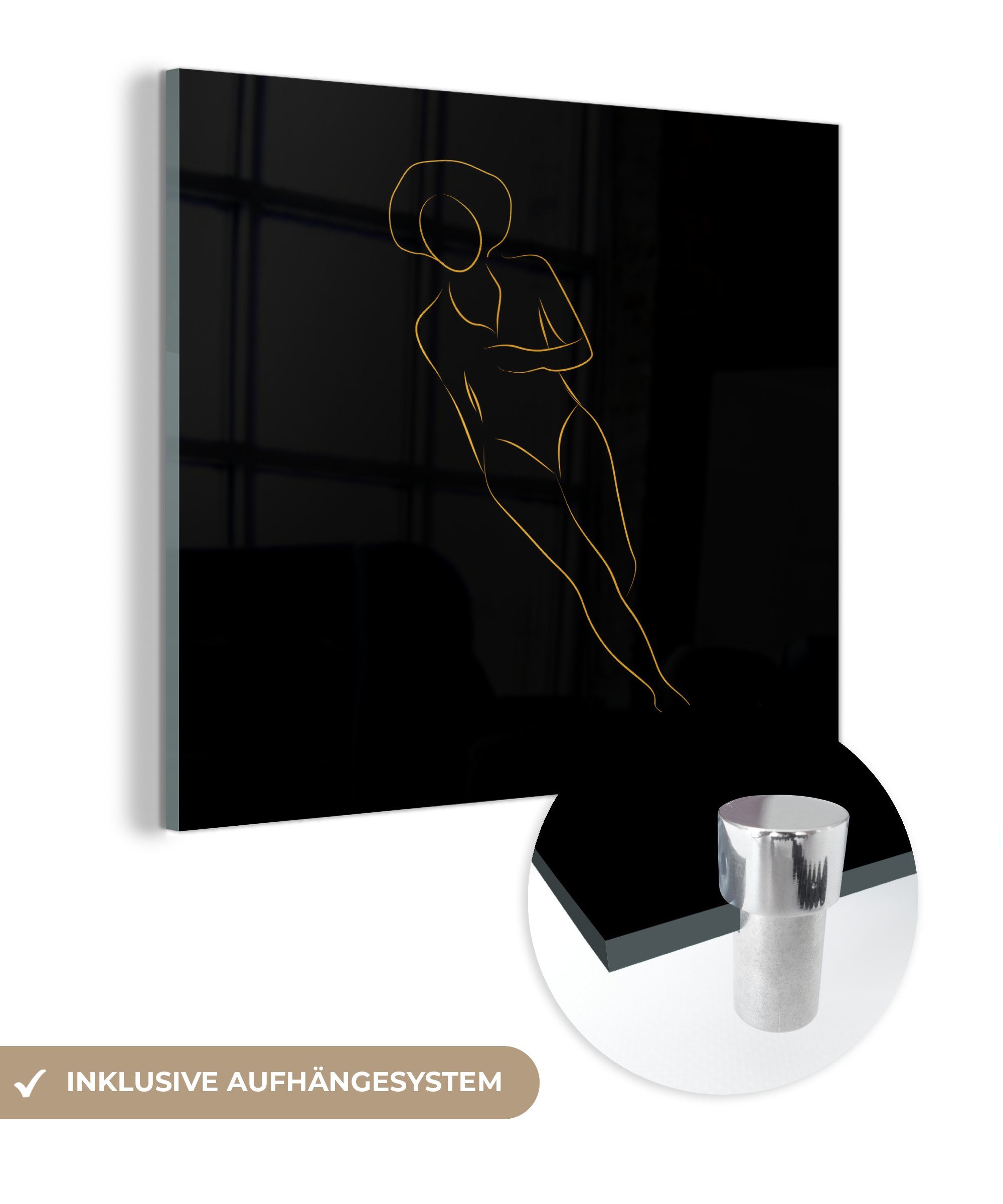 Glasbilder Bilder MuchoWow - Glas - - Foto - Strichzeichnung, - auf St), auf Acrylglasbild Schwarz Wandbild (1 Glas - Wanddekoration Gold Frau
