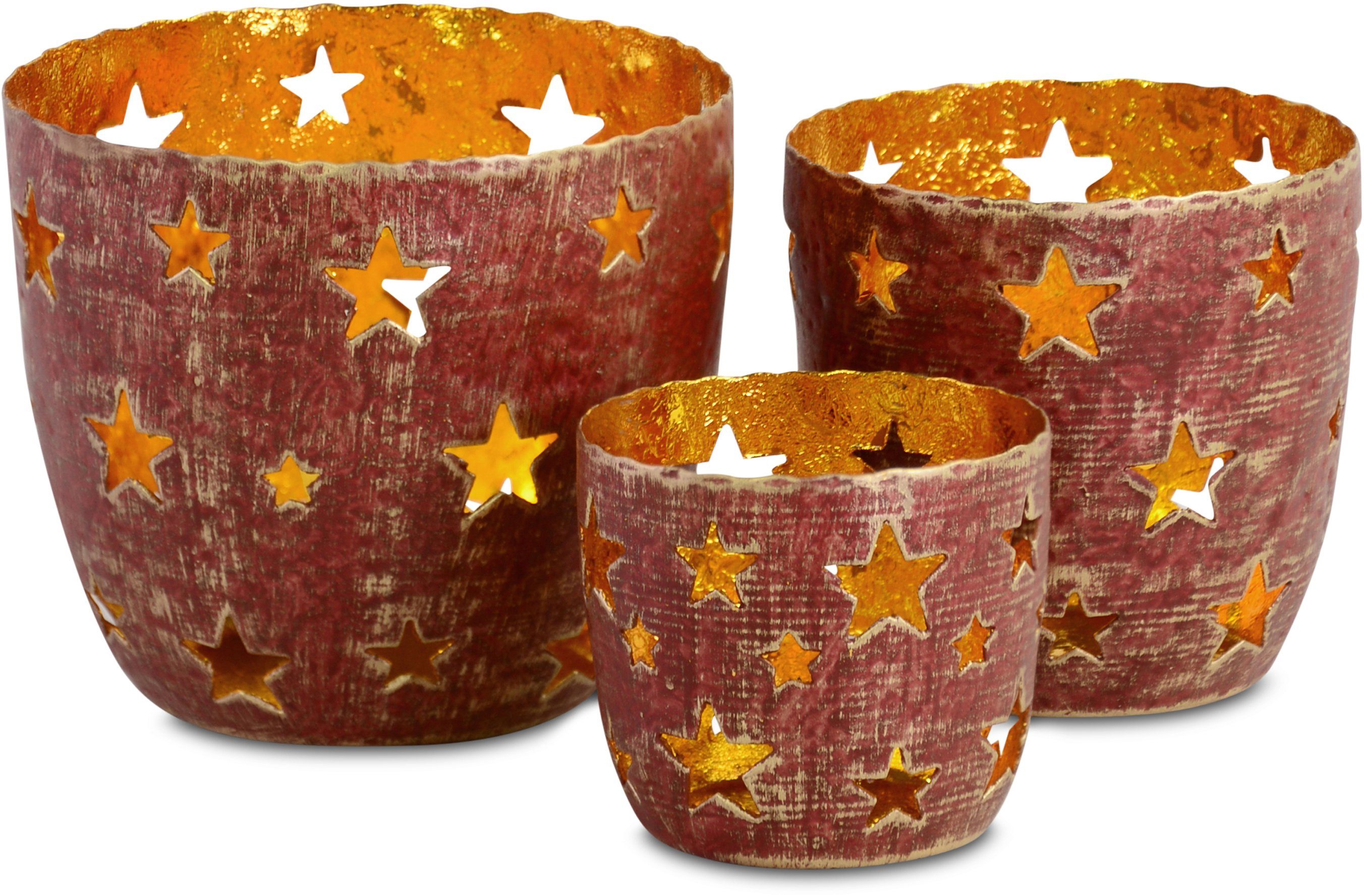 RIFFELMACHER & WEINBERGER Windlicht Stern, Weihnachtsdeko (Set, 3 St), mit Ausstanzung Motiv Stern, 3-teilig, Teelichthalter goldfarben