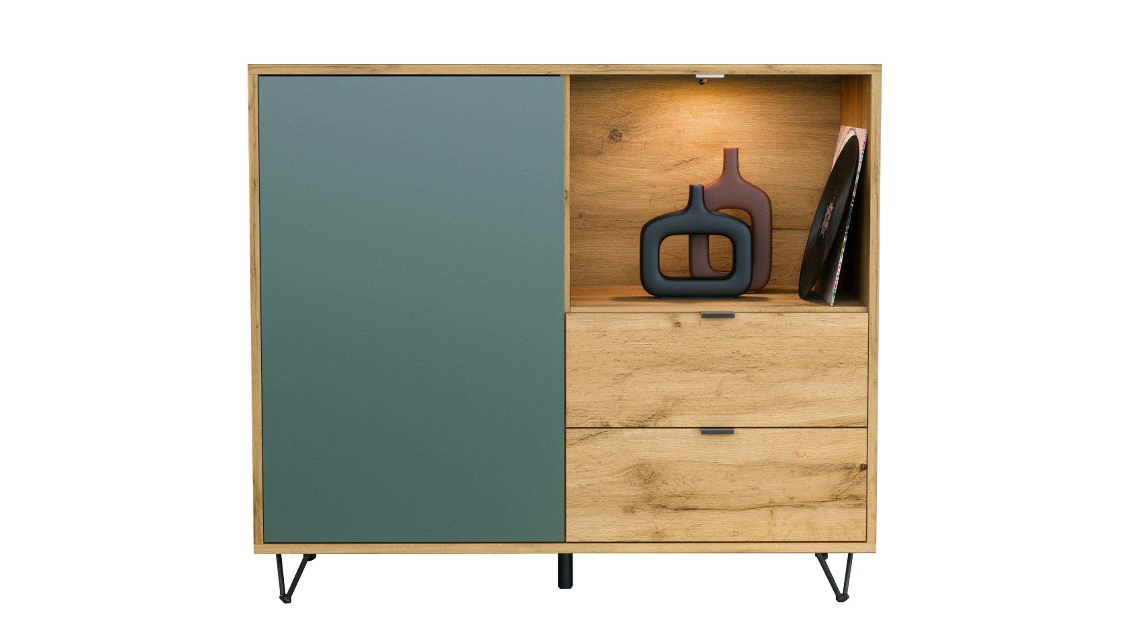 Vladon Kommode Marino (Kommode mit 1 Tür Fjord Grün, 2 Schubladen Eiche Evoke, inkl. LED, Made in Germany), Korpus Eiche Evoke (103 x 90,5 x 37 cm)