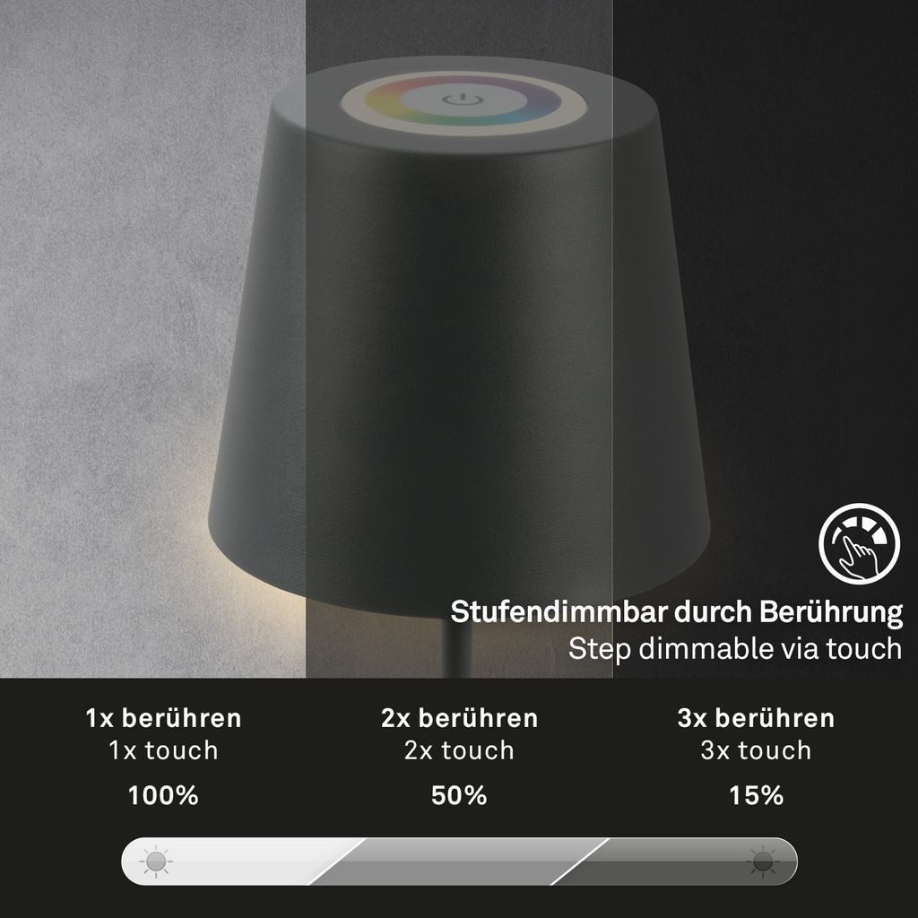 Briloner Leuchten Tischleuchte 7507015, Farbsteuerung, LED fest integriert, 2700K - Extra-Warmweiß, LED Tischlampe kabellos 36x10,5 cm Anthrazit 2,5W Wohnzimmer