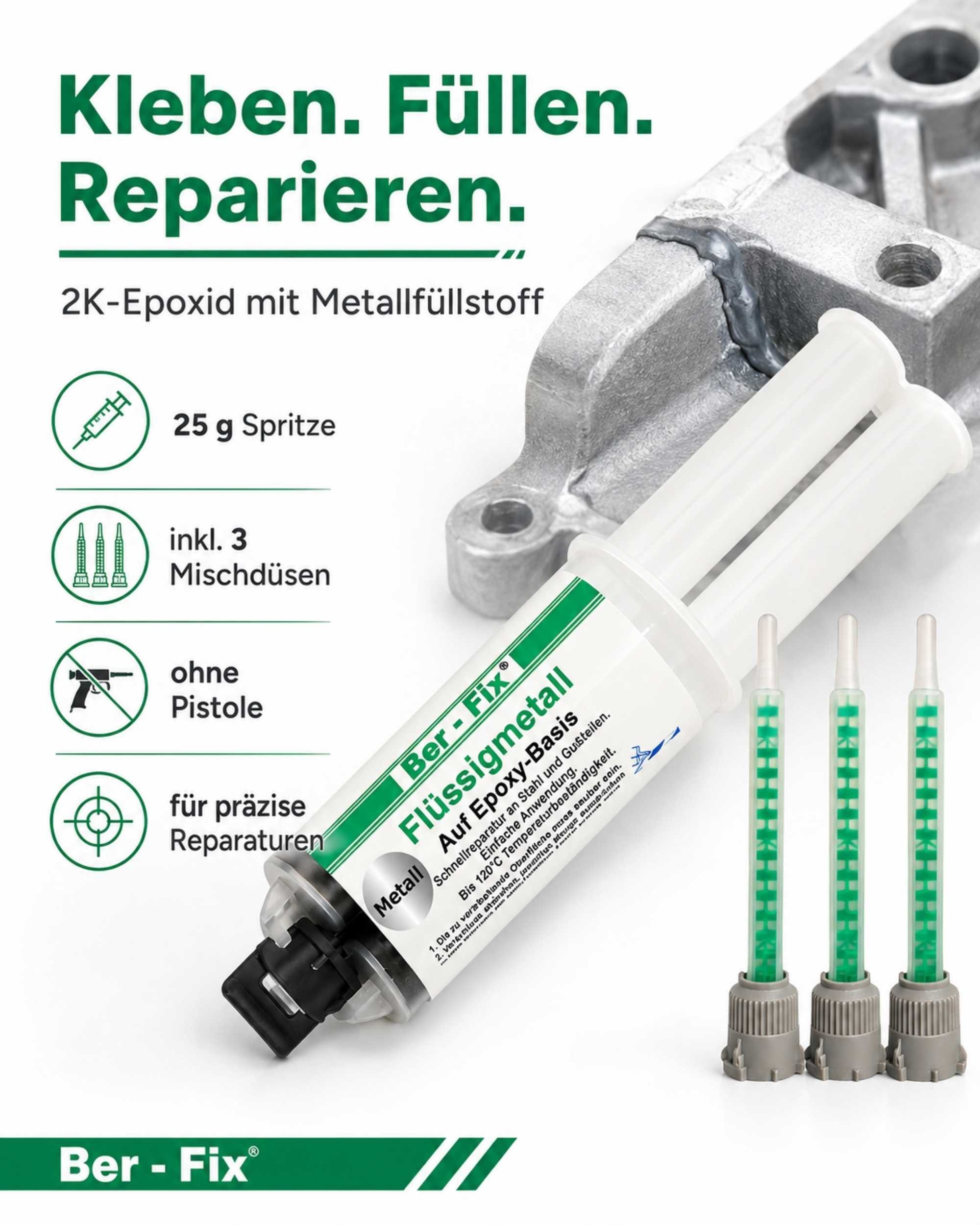 Ber-Fix 2-Komponentenkleber Ber-Fix® Flüssigmetall 25g, (2-tlg), metallgefüllt, spaltfüllend, hitzebeständig bis 120 °C