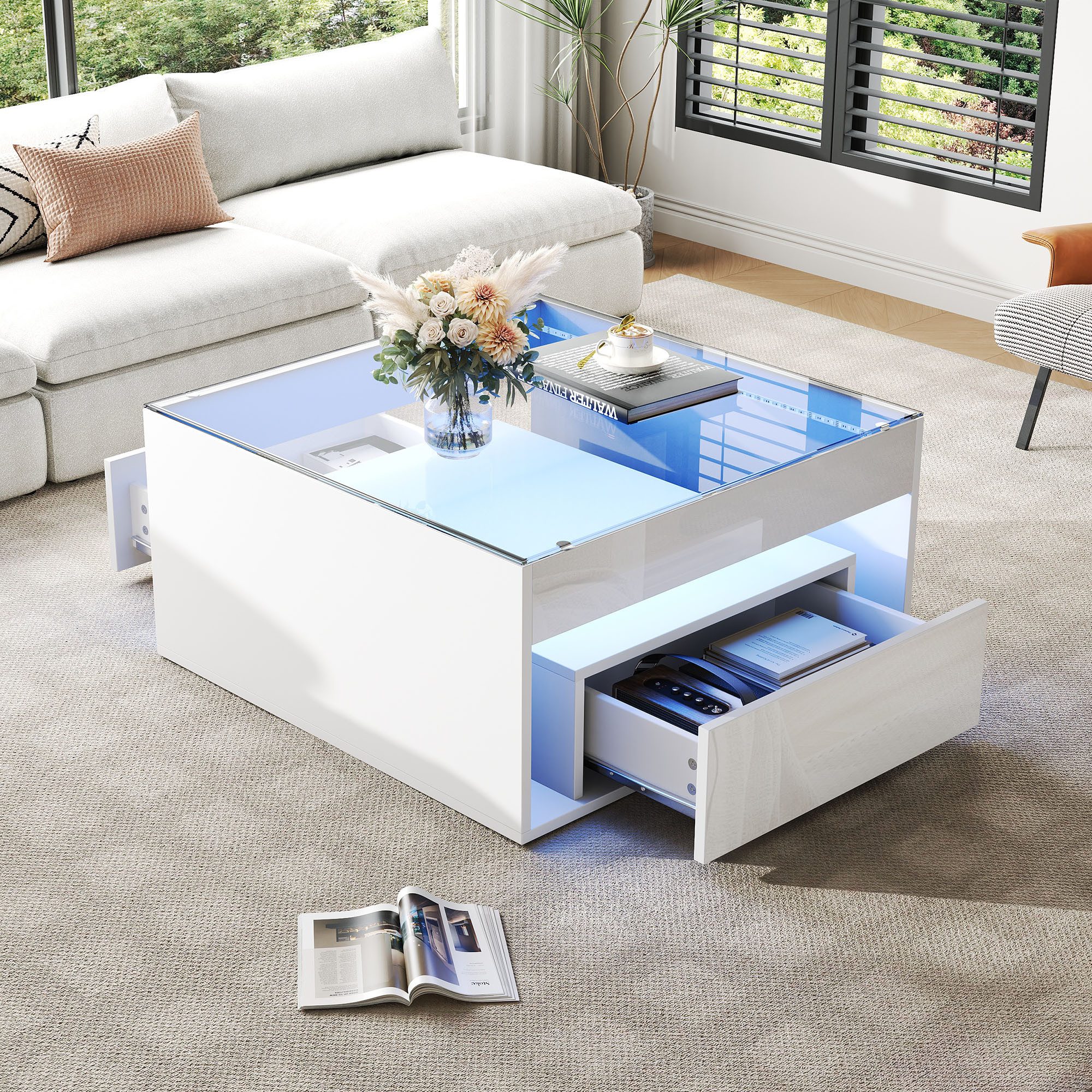 OKWISH Couchtisch Beistelltisch 70x70x35 cm mit Schublade und LED – weißes MDF/Glas (Packung, 1-St., Hochglanz-kaffetisch,Wohnzimmertisch mit durchbrochenem Design), Schreibtisch und Esstisch aus gehärtetem Glas