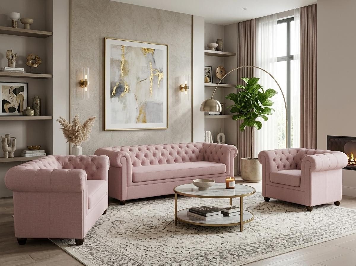 JVmoebel Chesterfield-Sofa Hellrosa Chesterfield Wohnzimmergarnitur 3+2+1-Sitzer Sofas, 3 Teile, Made in Europa