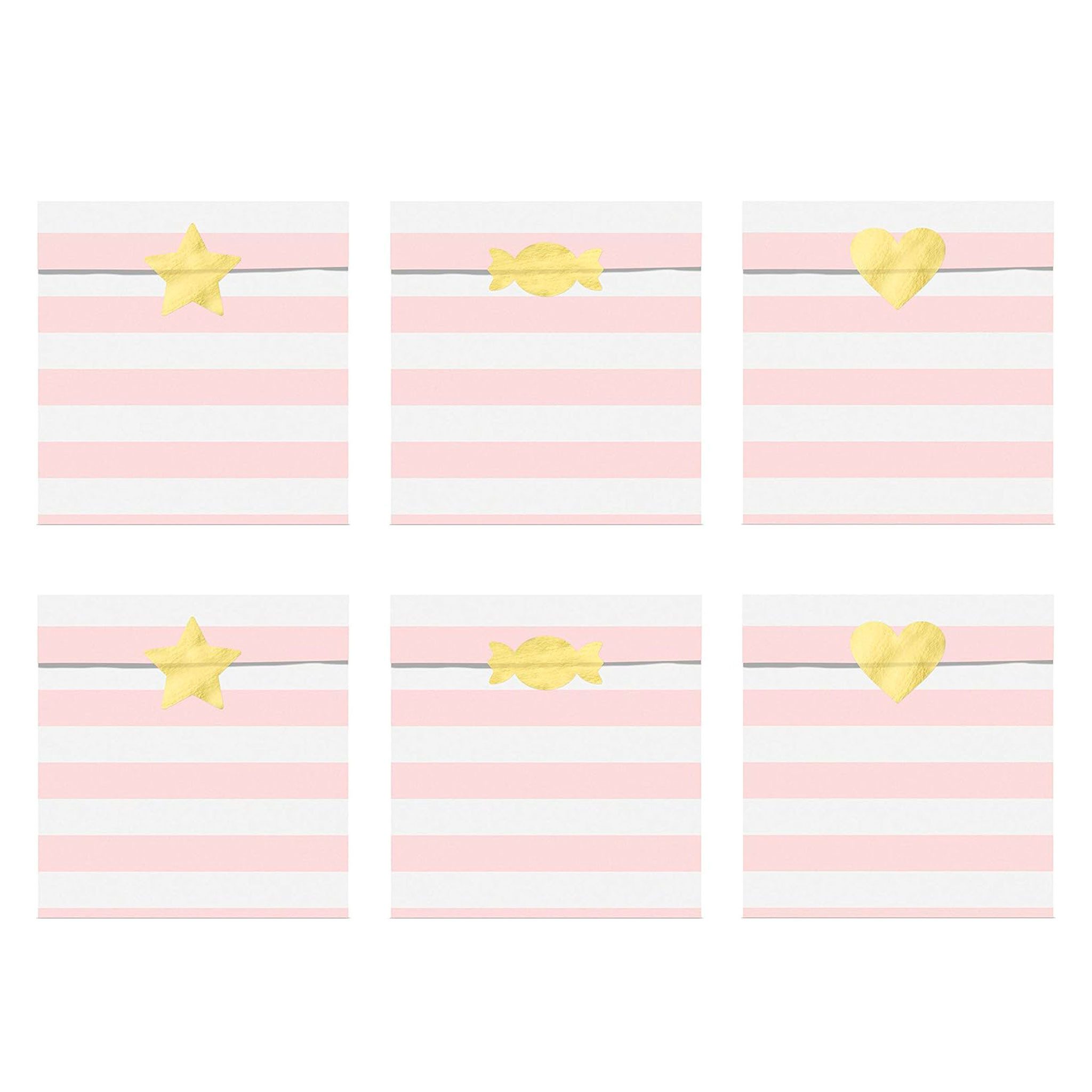 partydeco Geschenkpapier, Papiertüten gestreift mit Aufklebern 13x14cm 6er Set Weiß / Rosa