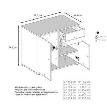 Vladon Kommode Ben (Kommode, mit 2 Türen und 2 Schubladen), Weiß matt/Weiß matt (79 x 74 x 36 cm)