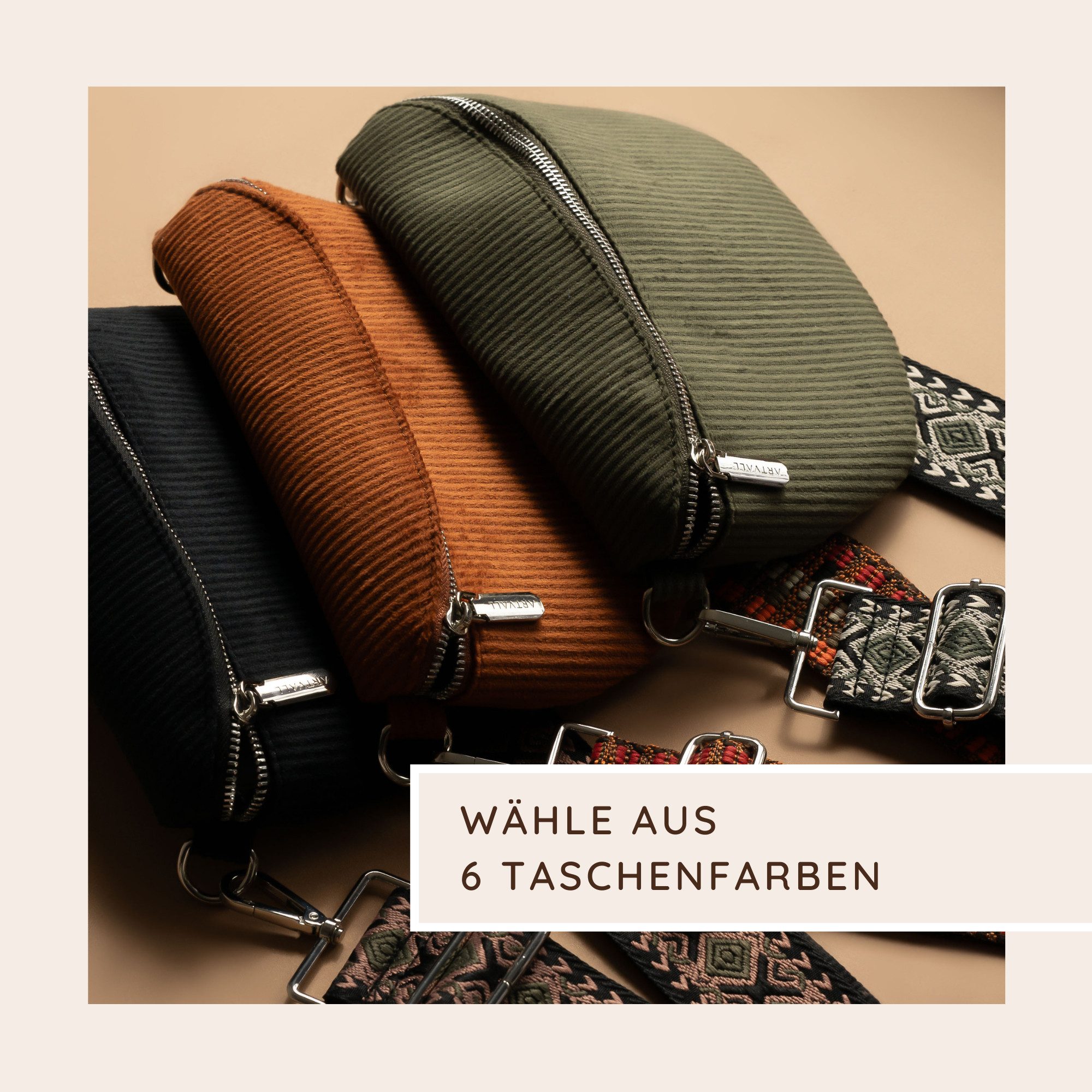 ARTVALL Umhängetasche Cord Handtasche Brusttasche Crossbody Bag Olivgrün (Tasche inkl. Taschenband), Cord Bauchtasche Cordtasche Stoff weich abnehmbarer Taschengurt Klein