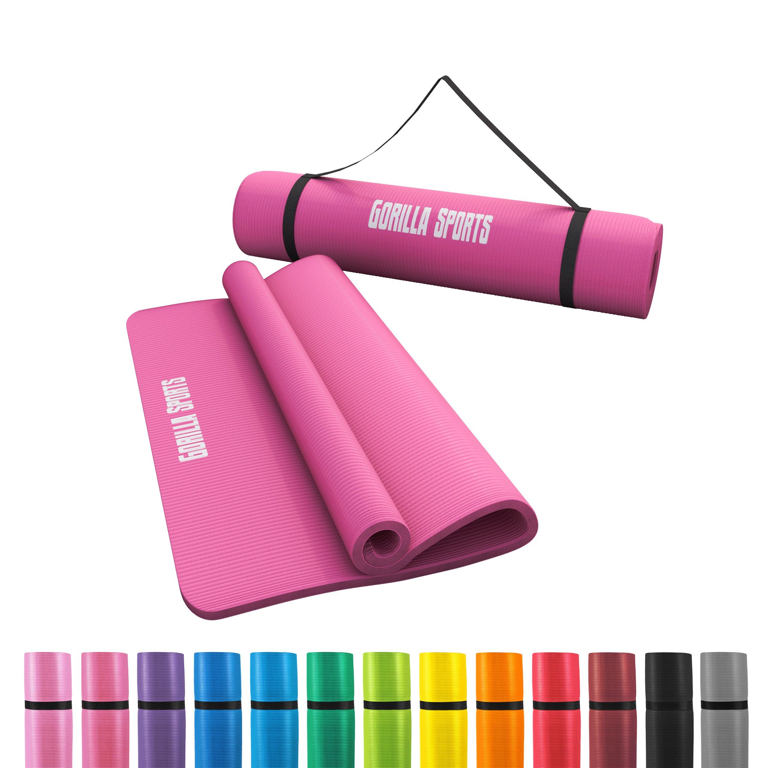 GORILLA SPORTS Yogamatte 190x60cm / 190x100cm, Tragegurt, Rutschfest - Fitnessmatte, Gymnastik
