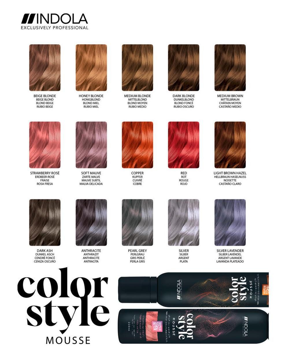 Indola Haarfestiger INDOLA Color Style Mouse Farb-Schaumfestiger Hellbraun Haselnuss 200, Packung, das Mousse bietet Glanz, Pflege und flexible Farbveränderung