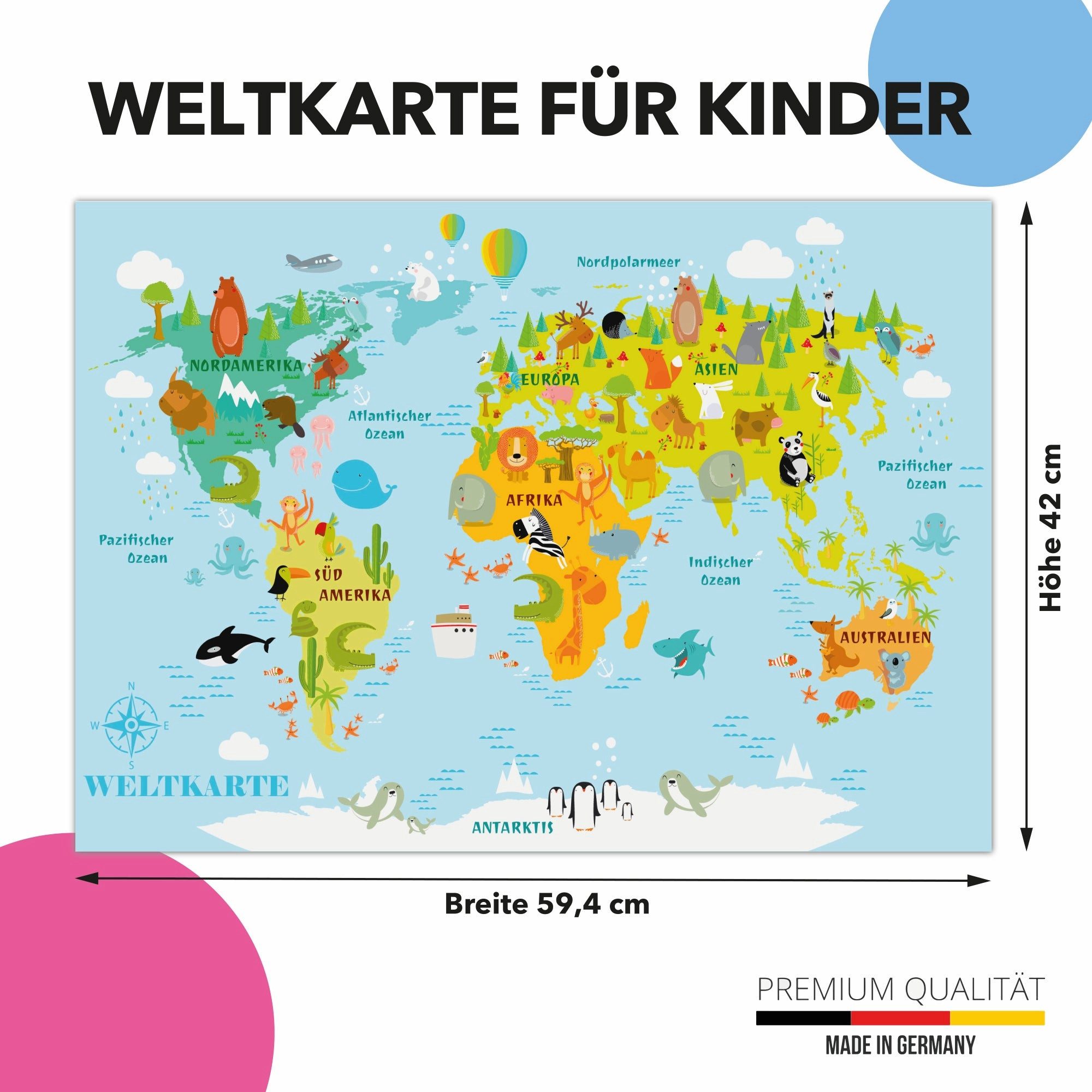Lineo Poster Weltkarte für Kinder Lernbild 60x42 cm bunt, XXL Poster Kinderzimmer für Jungen & Mädchen mit Tieren & Kontinenten