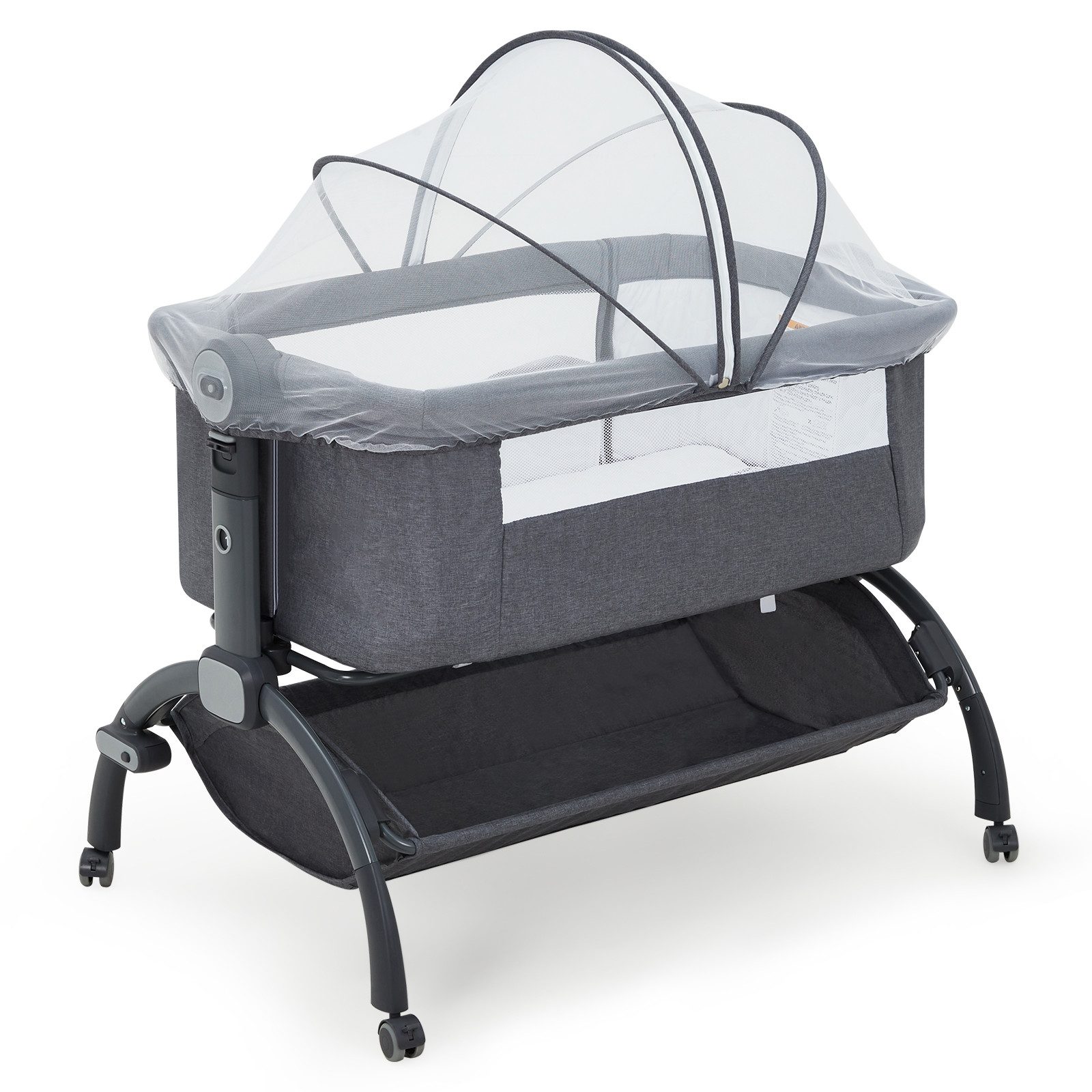 GarveeMore Beistellbett 3 in 1 Babybett mit Rollen & Umrandung, 98 × 63 ×84 cm, bis 9 kg, 360° Rollen feststellbar, 15° Anti-Reflux-Neigung, höhenverstellbar