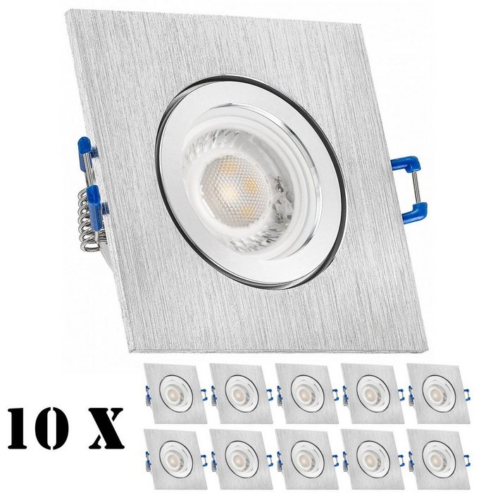 LEDANDO LED Einbaustrahler 10er IP44 LED Einbaustrahler Set extra flach in aluminium gebürstet mit 5W Leuchtmittel von LEDANDO - 4000K neutralweiß - 60° Abstrahlwinkel - 50W Ersatz - eckig - Badezimmer