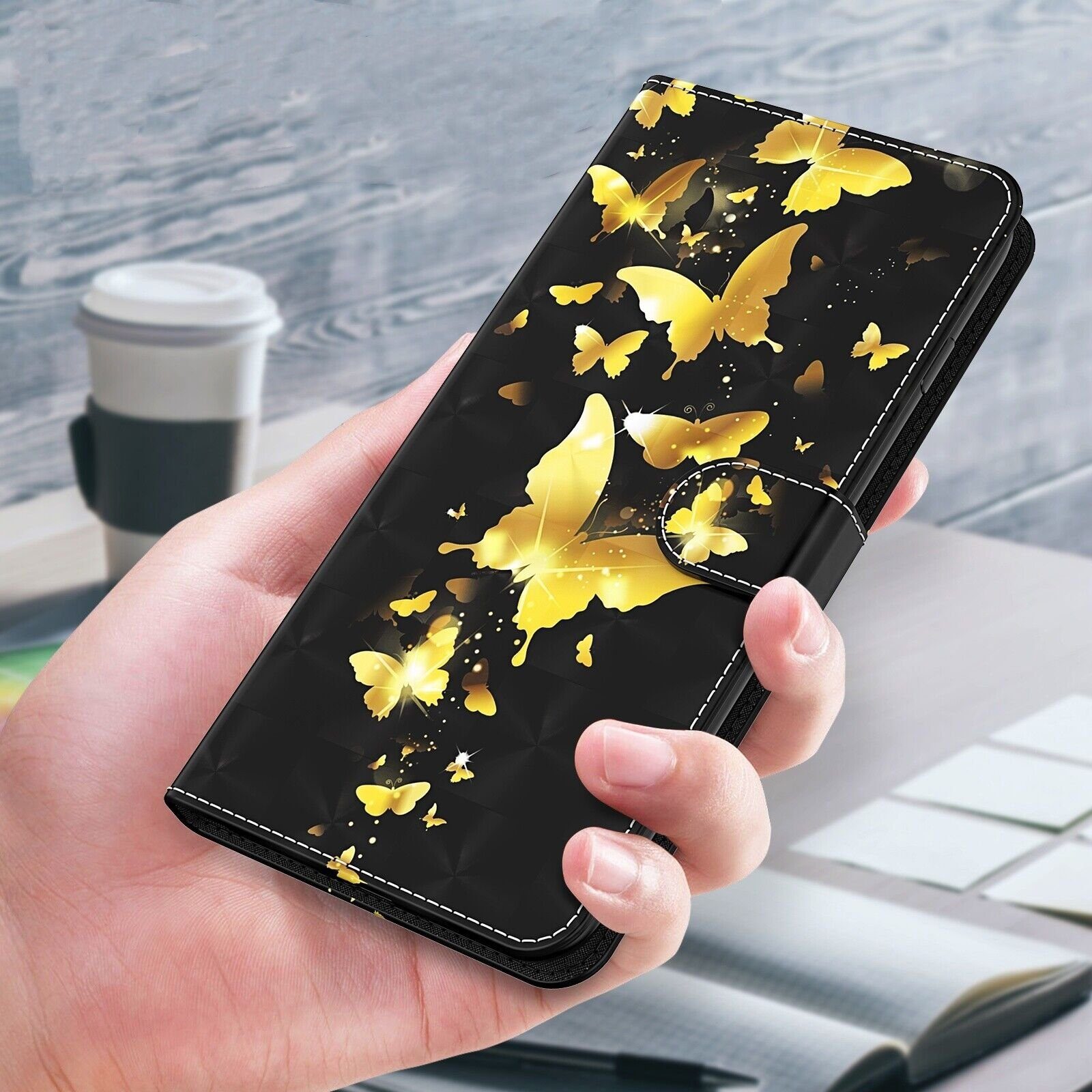 CLM-Tech Handytasche für Samsung Galaxy A15 5G Hülle Tasche aus Kunstleder Klapphülle (Schmetterlinge gold schwarz, Handyhülle Wallet Flip Case Cover Etui), Sch – Bild 5 von 5