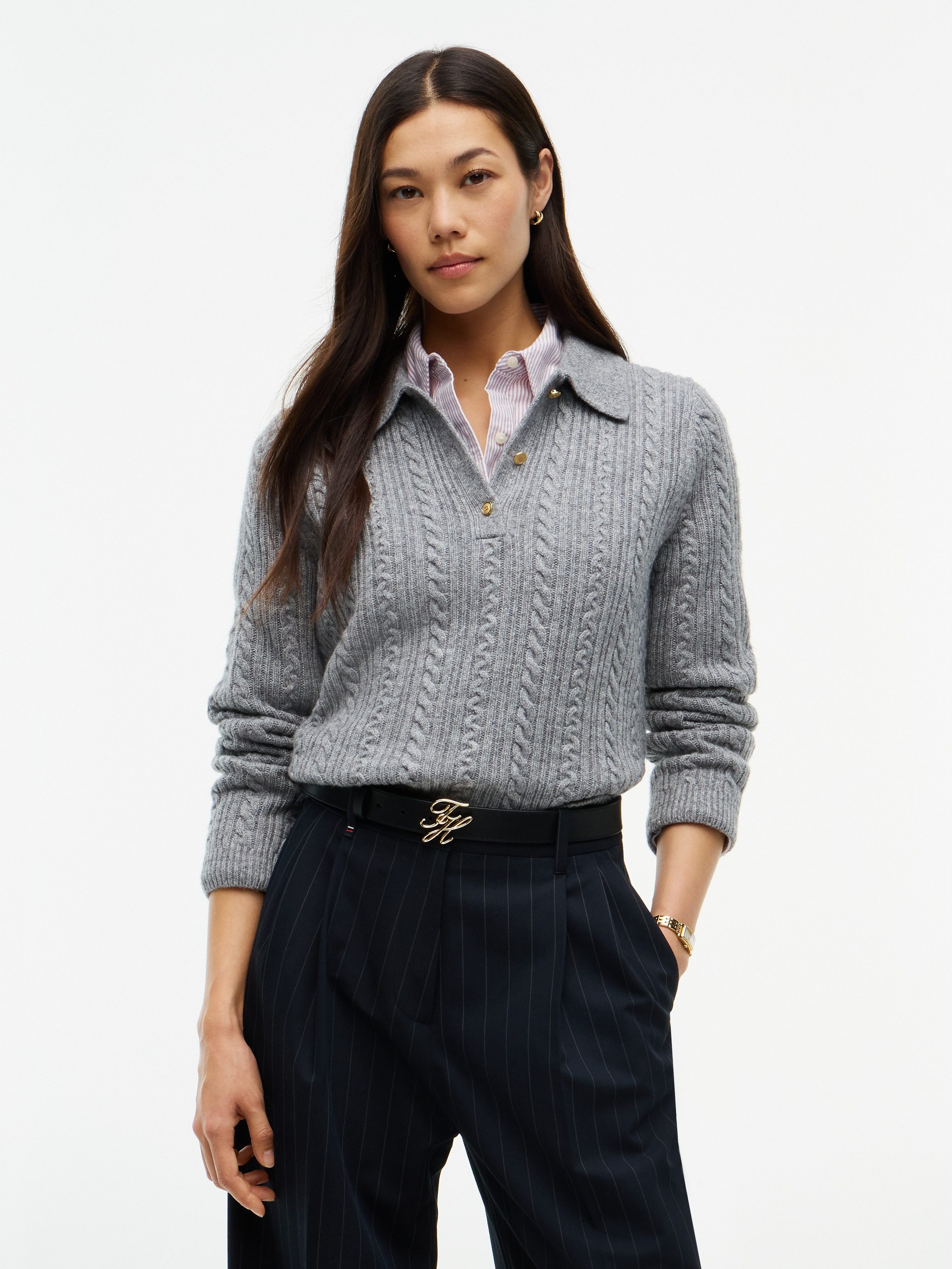 Tommy Hilfiger Polokragenpullover LS POLO CABLE SWEATER REG FIT Materialmix mit Wolle und Seide, Zopfmuster