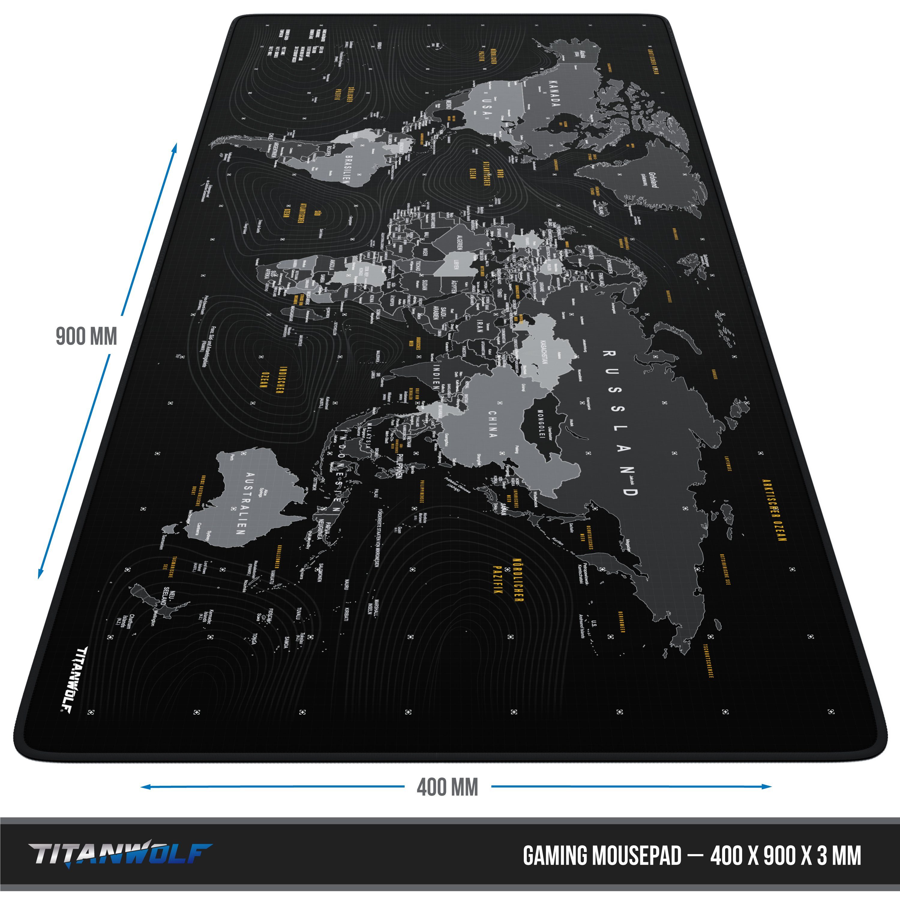 Titanwolf Gaming Mauspad XXL Speed Mousepad 900 x 400 x 3 mm, große Tischunterlage, rutschfest, abwaschbar, Geschwindigkeit & Präzision, Weltkarte