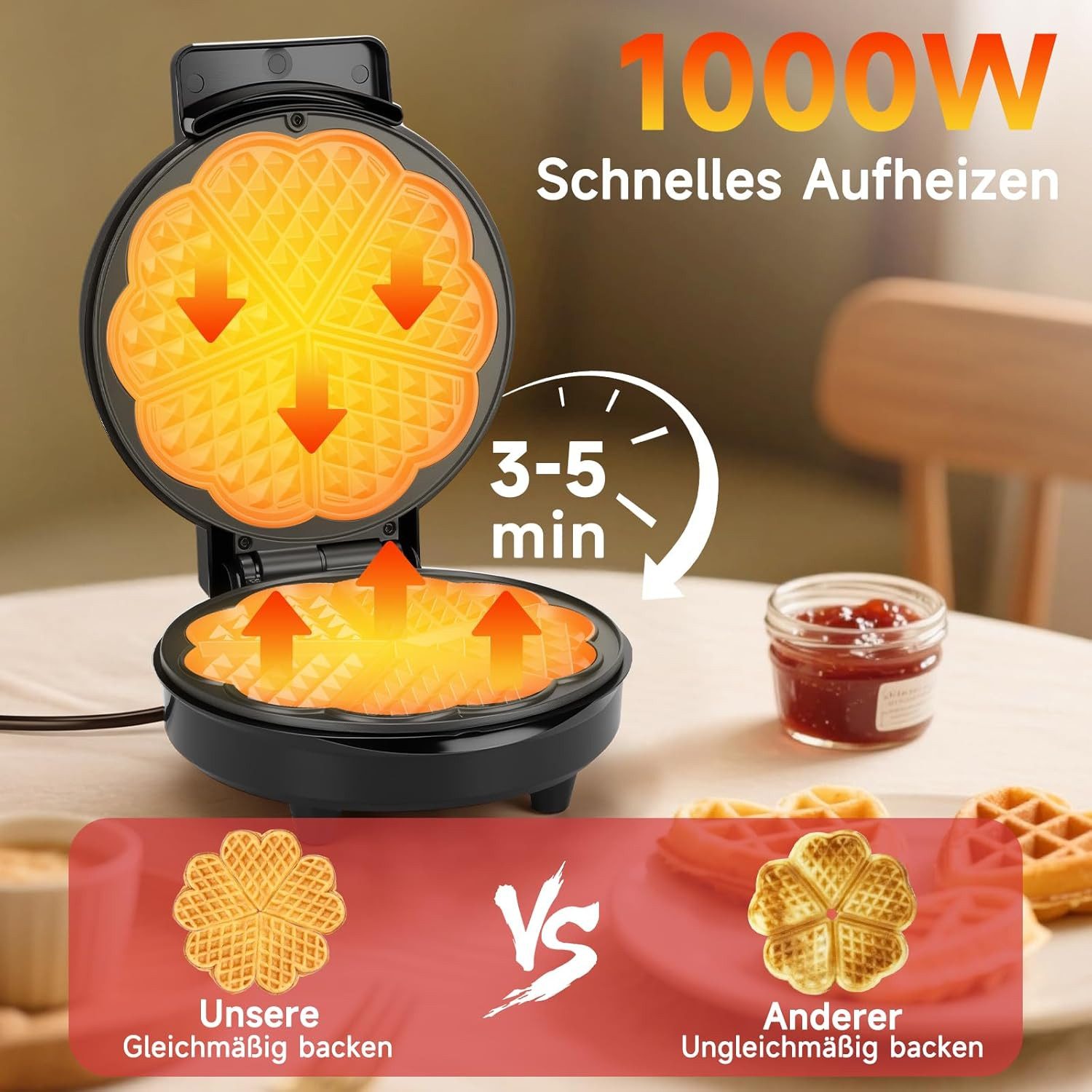 Aigostar Waffeleisen für 5 Herz-Waffeln, 1000W, Antihaft-Platten, Einstellbarer Temperatur, 1000 W, LED-Anzeige, Cool-Touch-Griff, kompaktes Edelstahl-Design, BPA frei