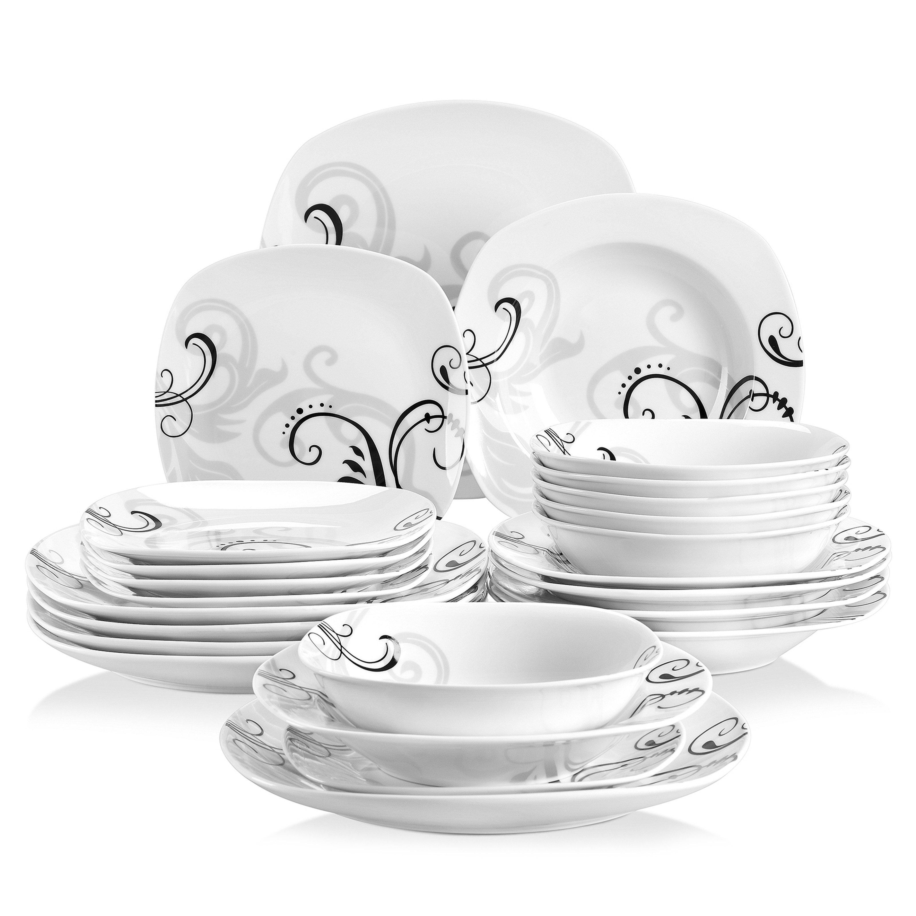 MALACASA Geschirr-Set Tafelservice ZOEY für 6, Grauweiß Porzellan Geschirrset (24-tlg), 6 Personen, Porzellan