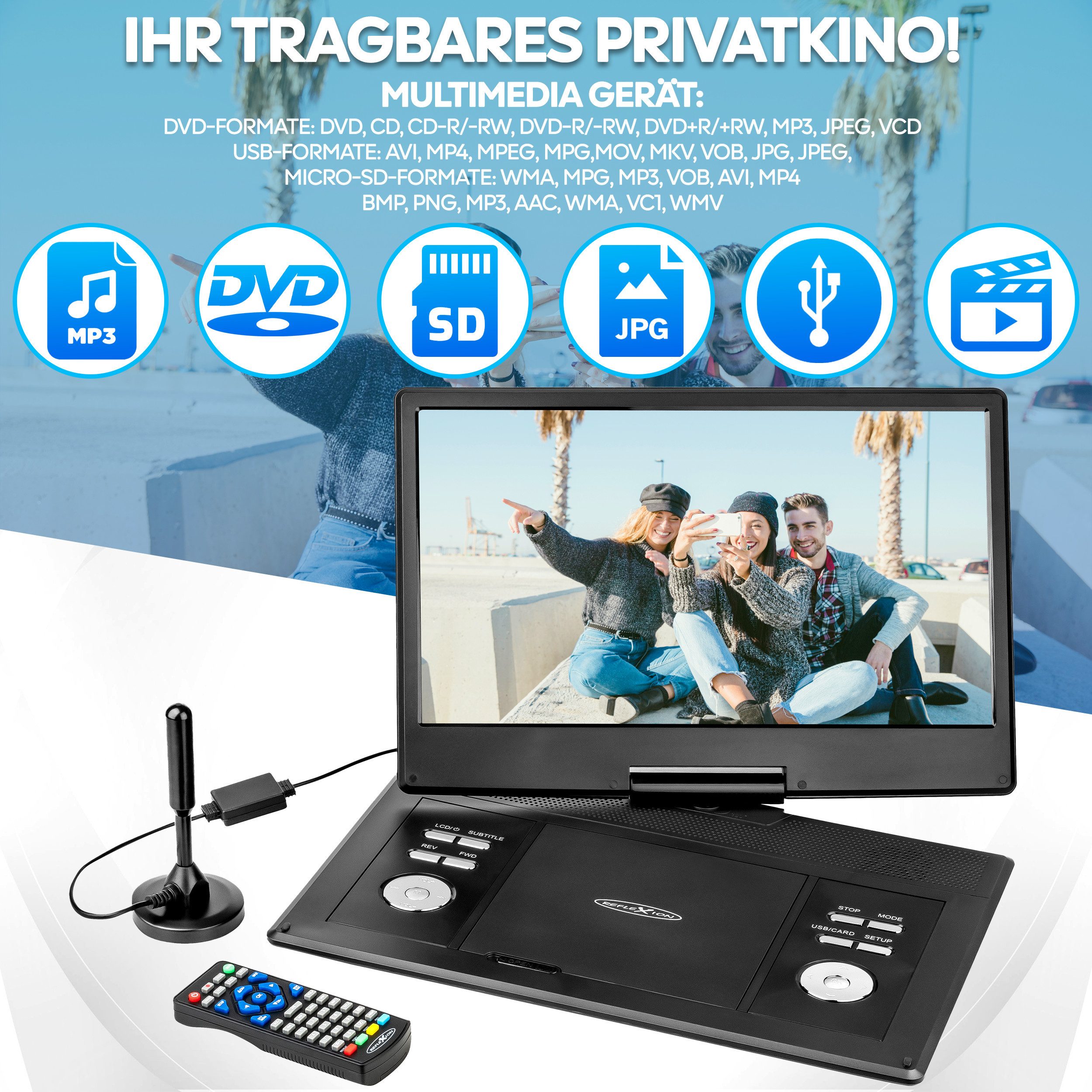 Reflexion DVD1424 Portabler DVD-Player (DVB-T2 HD Tuner, integrierter Akku, 12V Auto Adpater, Game-Disk) – Bild 4 von 5
