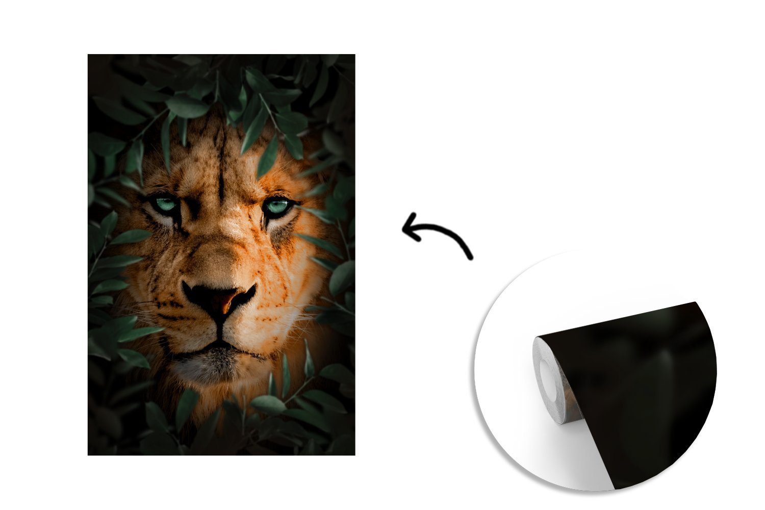 MuchoWow Fototapete Dschungel - für Matt, Wohnzimmer, Wandtapete Vinyl Löwe Montagefertig bedruckt, Tapete - St), (3 Pflanzen