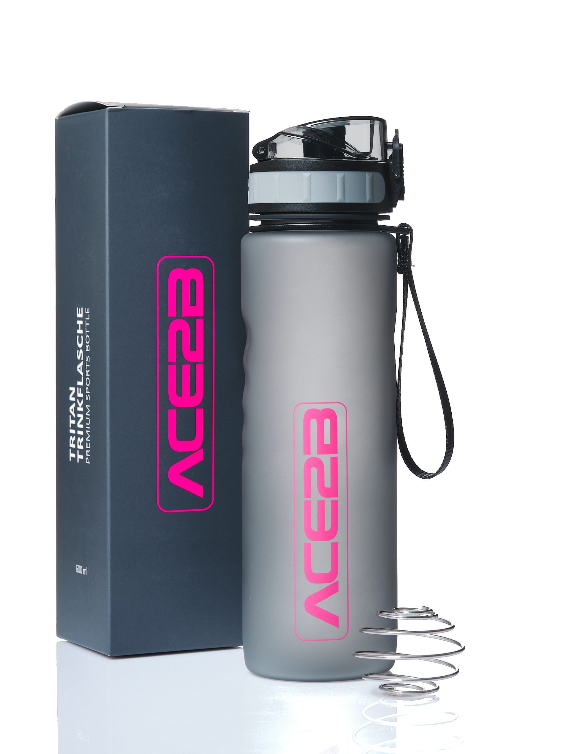Trinkflasche ace2b Trinkflasche Sportflasche Fitnessflasche Pink 600ml mit Shaker B