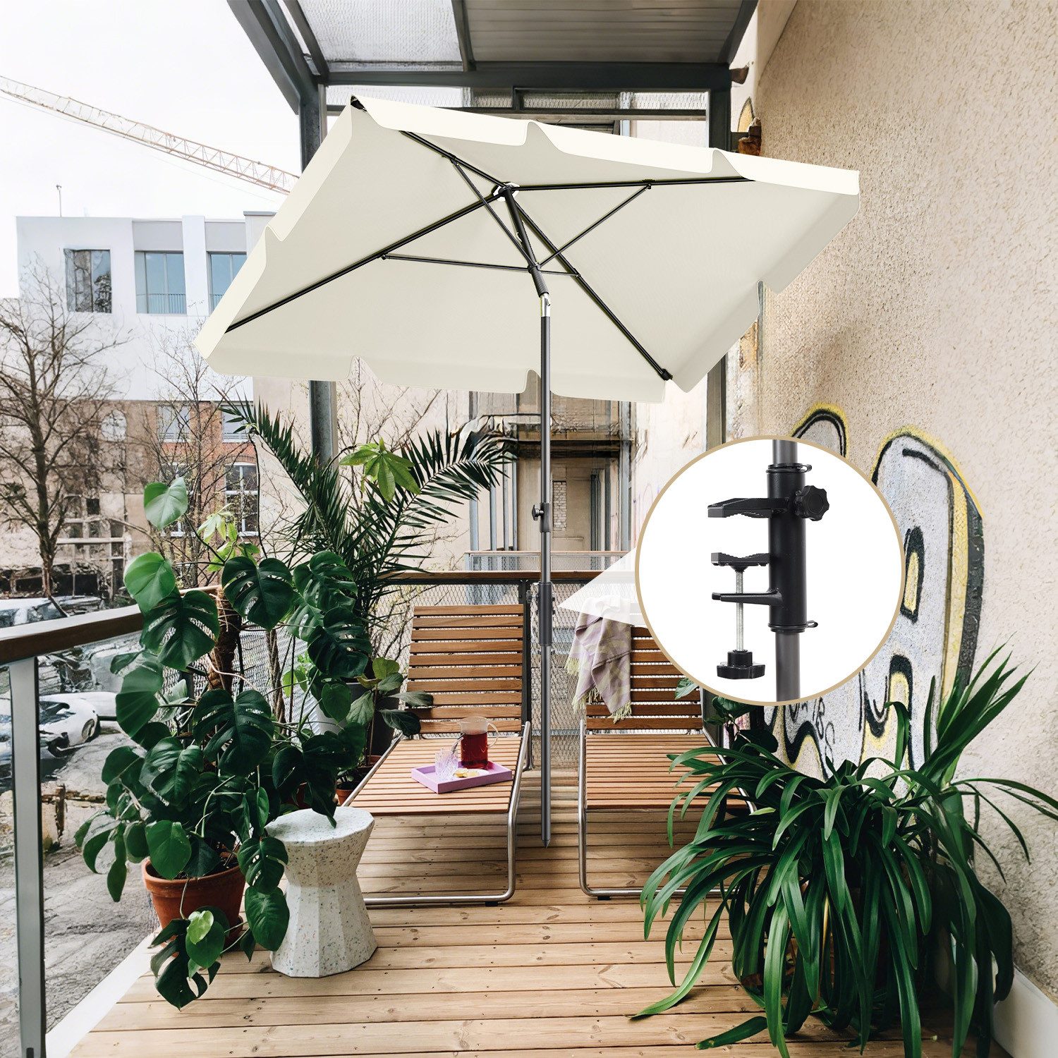 Sekey Sonnenschirm 200 × 125cm Balkonschirm rechteckig höhenverstellbar, mit Schirmhalter, LxB: 200x125 cm, mit Schutzhülle, Neigbar, UV50+ Schutz, wind- & wasserfest, für Garten