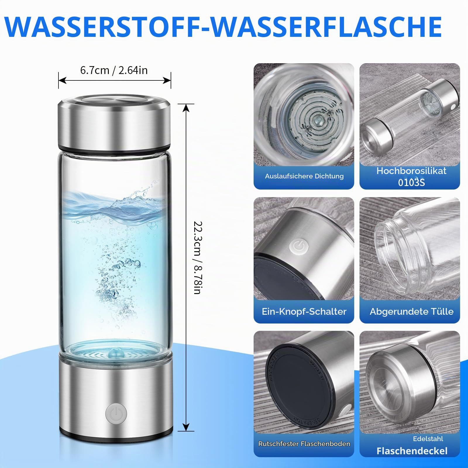 AIBISTAR Trinkflasche Wasserstoff-Wasserflasche, 450 ml, 3 Min., USB-C, tragbar, Mikro-Elektrolyse-Technologie,Perfektes Gesundheitsgeschenk – Bild 2 von 5
