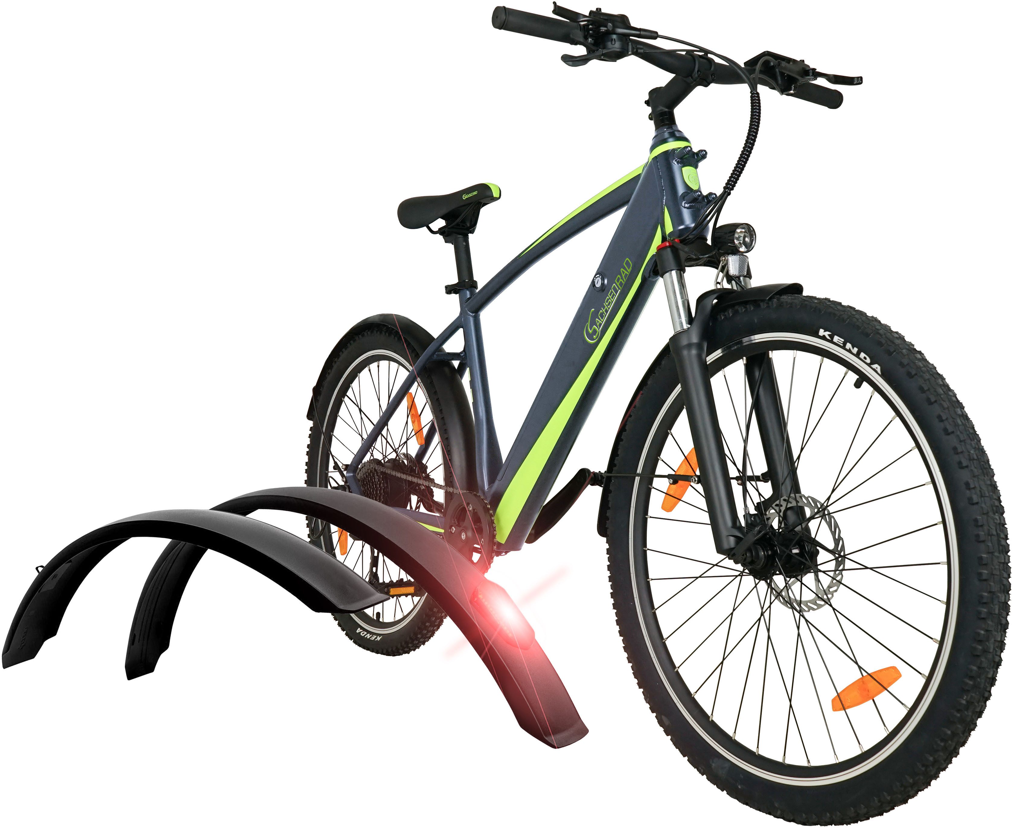 SachsenRAD E-Bike Mountainbike R8 Flex III, 9 Gang Shimano Shimano Altus Schaltwerk, Kettenschaltung, Heckmotor, 520 Wh, (mitgeliefertes, optionales Schutzblech mit integriertem Rücklicht), LCD-Steuerdisplay, Fahrmodus Pedelec, LED- Beleuchtung