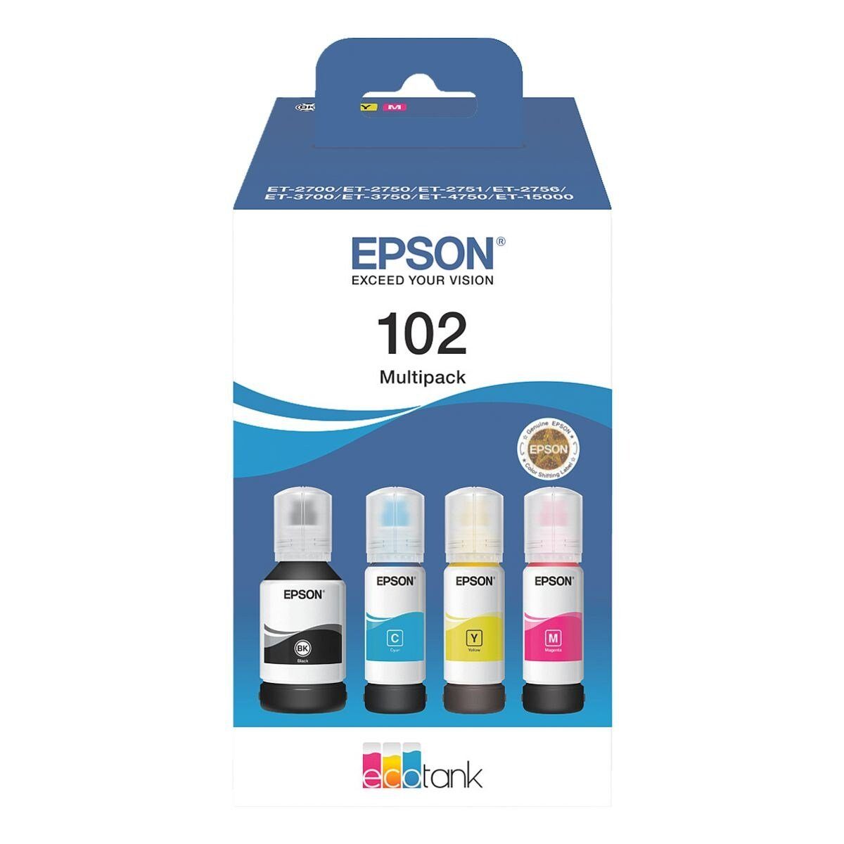 Epson 102 Multipack Tintenpatrone (Set, 4-tlg., Original Druckerpatrone, schwarz, cyan, magenta, gelb)