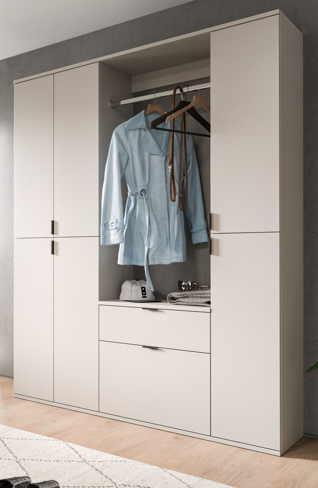 Inn.Furn Garderoben-Set Line-Up, (Garderobenschrank in Kaschmir / Sand, 152 x 193 cm), variable Inneneinteilung, bis zu 18 Fächer