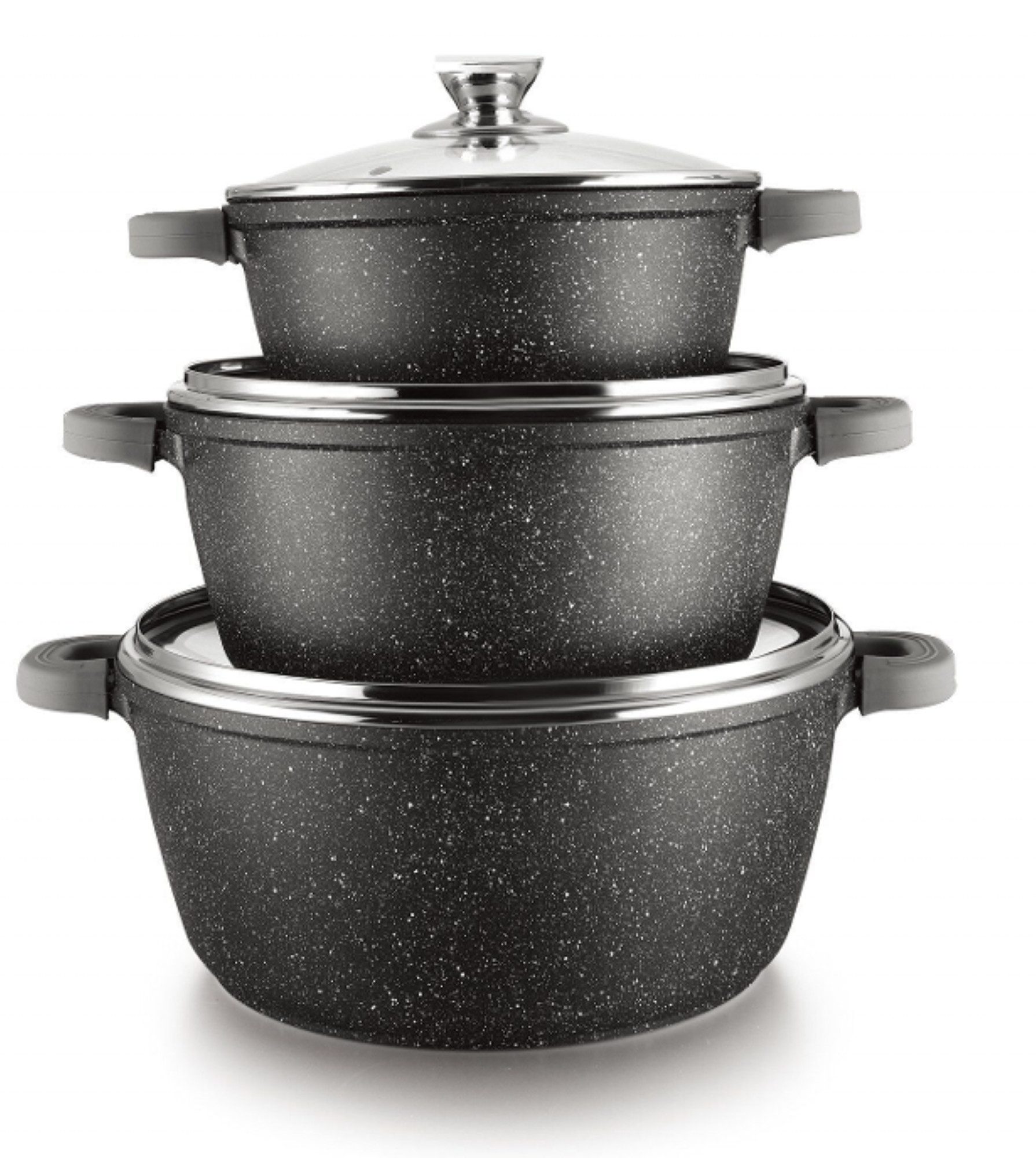 Cheffinger Kochtopf 6-tlg Kochtopfset mit Deckel ø36cm/ø40cm/ø44cm für alle Herdarten, Aluminium, 18/10-Stahl, Glas, Marmor, Antihaft