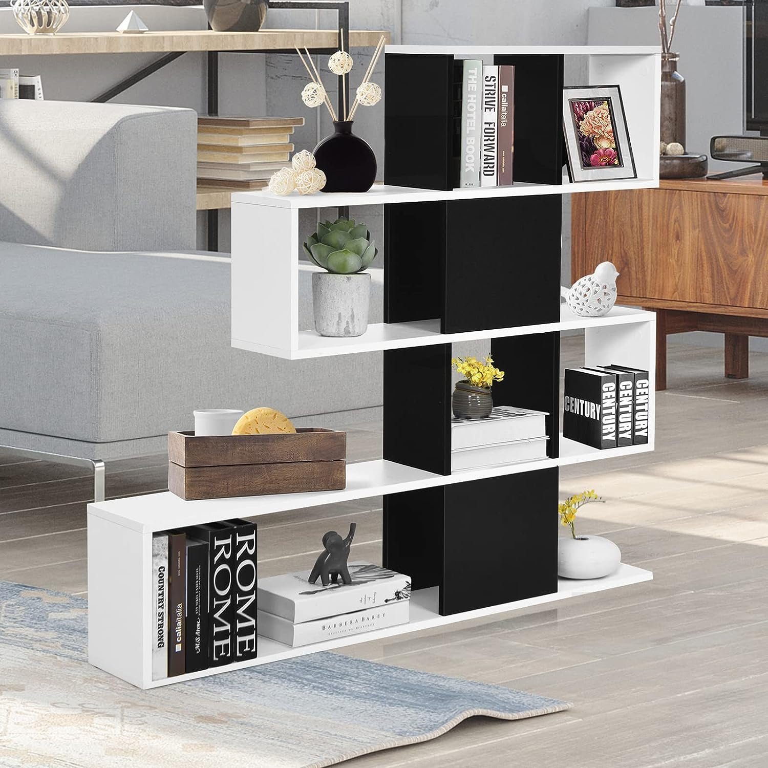 KOMFOTTEU Bücherregal offenen Leiterregal, mit Trennwänden 10 weiß+schwarz