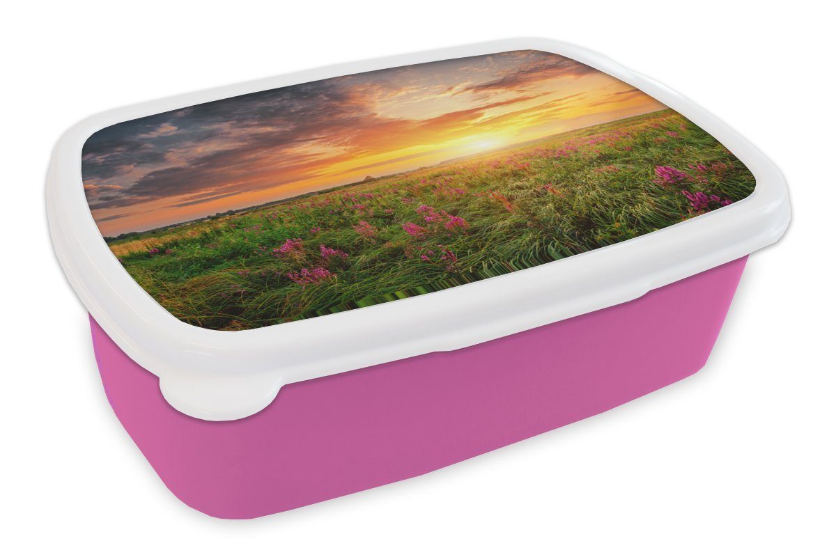 MuchoWow Lunchbox Blumen - Sonnenuntergang - Frühling, Kunststoff, (2-tlg), Brotbox für Erwachsene, Brotdose Kinder, Snackbox, Mädchen, Kunststoff rosa