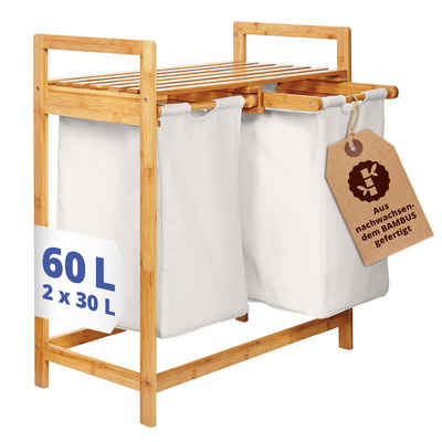 Lumaland Ausziehwäschekorb Bambus mit 2 ausziehbaren Wäschesäcken 73x64x33cm (Sitzbank + Wäschekorb), Wäschesammler inkl. Deckel