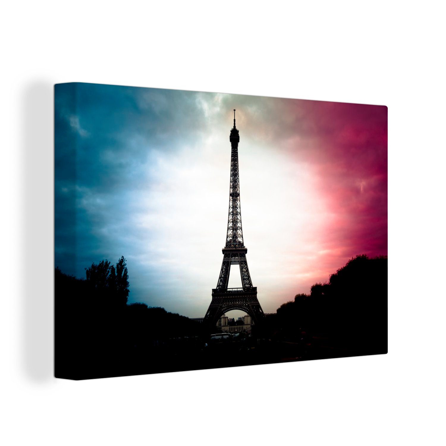 Wanddeko, Aufhängefertig, Der und cm am französische St), 30x20 OneMillionCanvasses® Wandbild Leinwandbilder, die Himmel, (1 Eiffelturm Flagge Leinwandbild