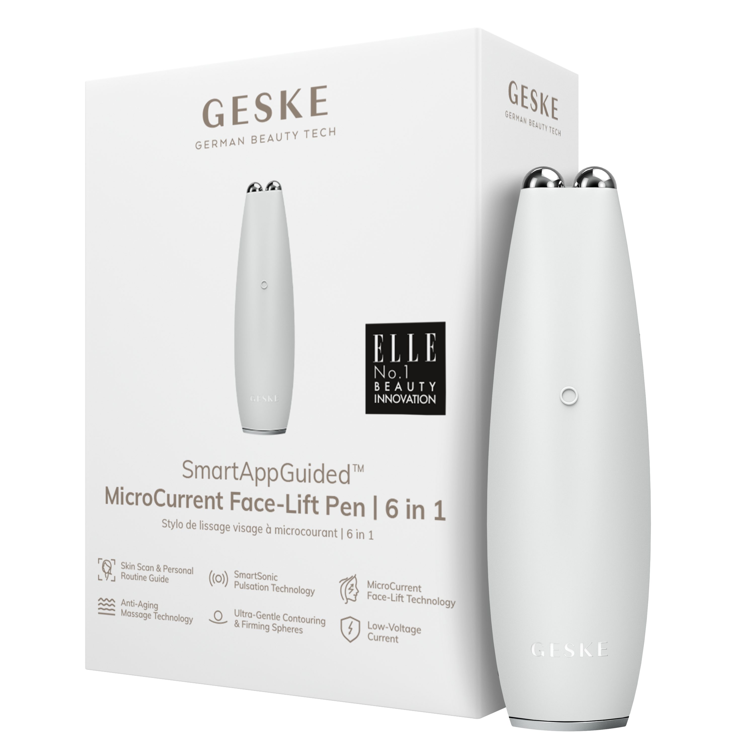 GESKE German Beauty Tech Enhancer SmartAppGuided™ MicroCurrent Face-Lift Pen 6 in 1, Packung (Gerät & USB-Ladekabel), 2-tlg., Gerät inkl. kostenloser APP (SmartAppGuided Device), Mit der GESKE App erhältst Du deine personalisierte Hautpflegeroutine. White