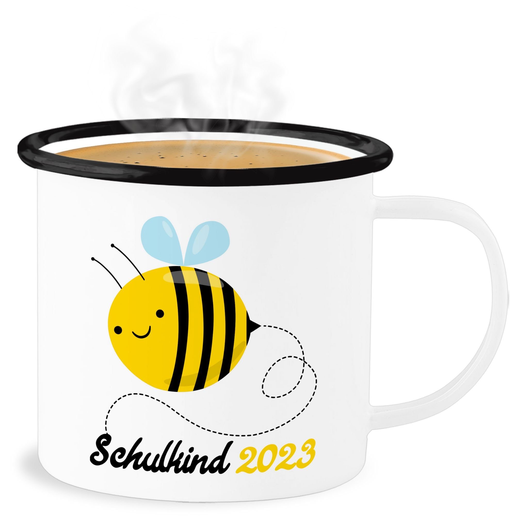 Shirtracer Becher Biene Schulkind 2023, Stahlblech, Einschulung Geschenk Tasse 1 Weiß Schwarz | Becher