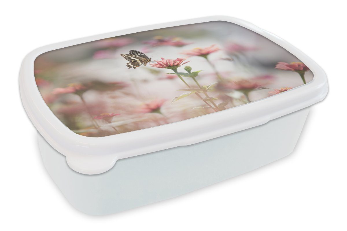 Jungs Brotbox - Schmetterling Mädchen Erwachsene, Kinder für und - Rosa, (2-tlg), Blume für weiß MuchoWow und Lunchbox Brotdose, Kunststoff,