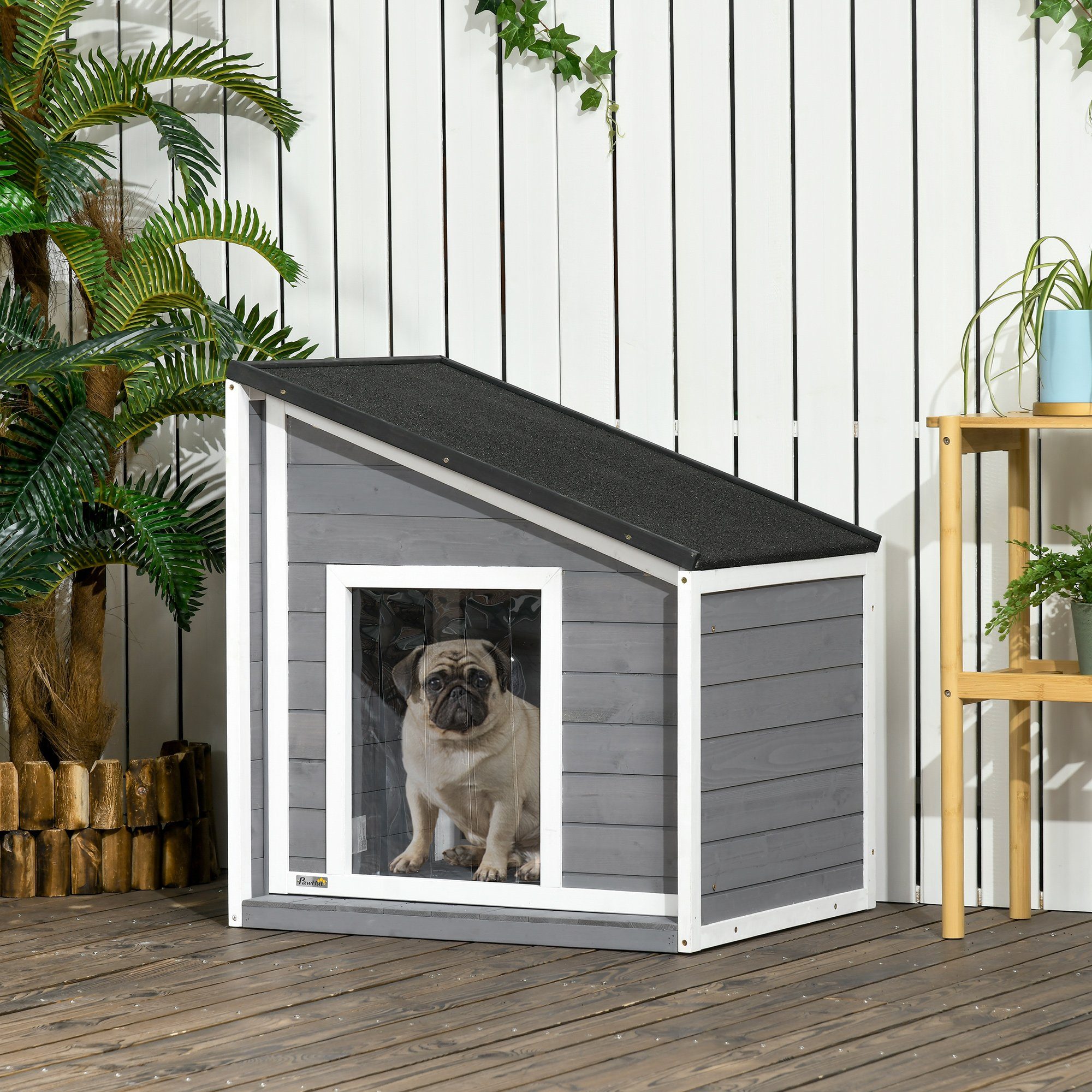 PawHut Hundehütte wetterbeständig, Asphaltdach, Schwarz+Grau+Weiß 71 günstig online kaufen