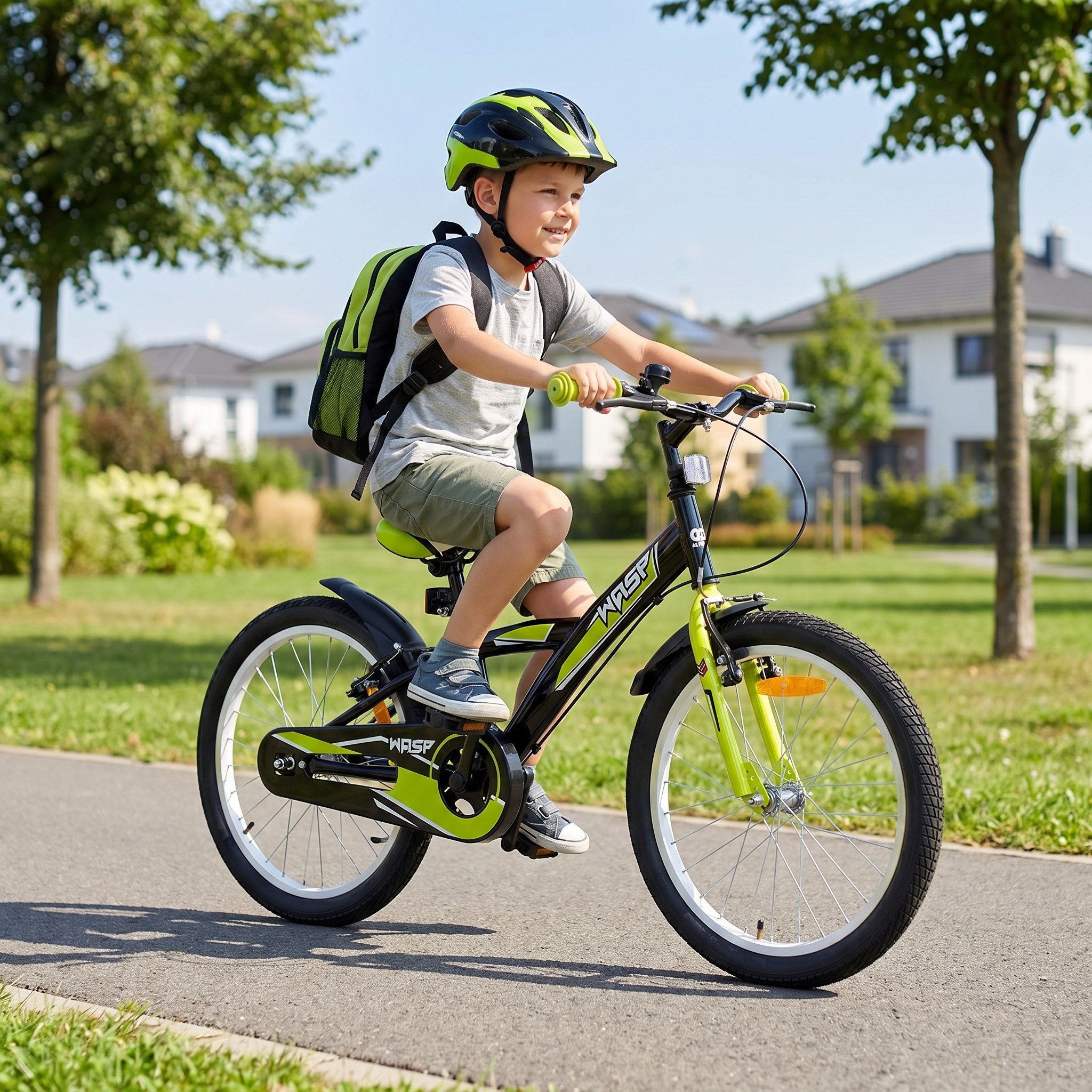 Actionbikes Motors Kinderfahrrad Kinder Fahrrad Wasp 20 Zoll, 1 Gang, ohne Schaltung, (20 Zoll, ab 115 cm Körpergröße, max. Zuladung 40 kg, Klingel, Katzenaugen, Reflektoren, Antirutschgriffe, Fahrradständer, Kettenschutz, V-Brake-Bremsen, Luftbereifung, Schutzbleche, schwarz / grün), höhenverstellbares Bike Jungen Mädchen Rad Kinderrad ab 6 Jahre