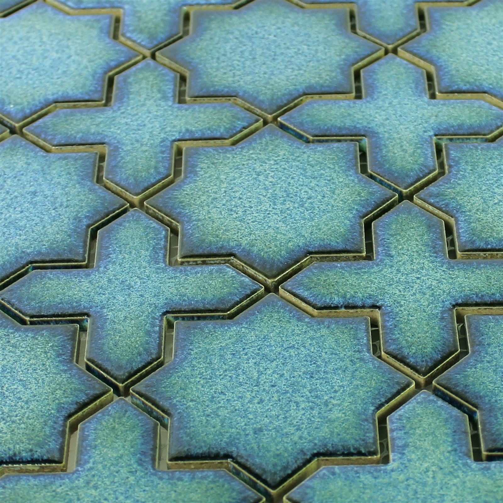 Mosafil Mosaikfliesen Keramikmosaik Fliesen Puebla Stern Blau, Keramik 29.600x29.600, blau, Verlegefertig auf ein Netz geklebt - Frostsicher - Wasserfest