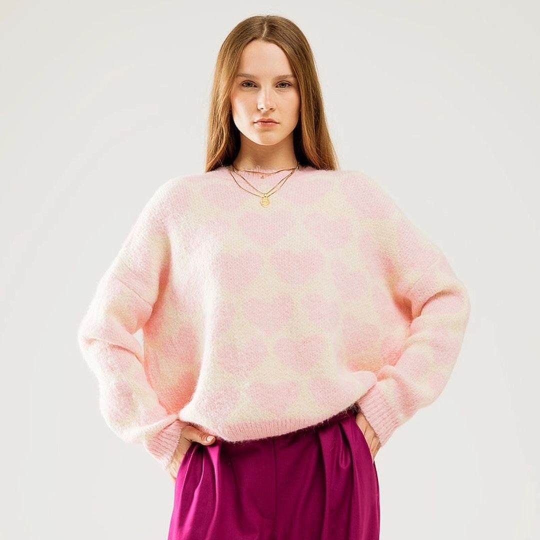 suebidou Rundhalspullover Damen Oversized Pullover pastellfarben mit Herzen Allover Oversized, Onesize, elegant, lässig