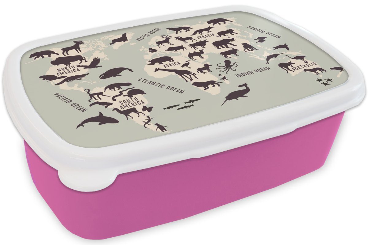 Kinder, Brotdose - Grau, MuchoWow Snackbox, (2-tlg), rosa für Kinder Kunststoff - Brotbox Weltkarte Erwachsene, Lunchbox Mädchen, Kunststoff,