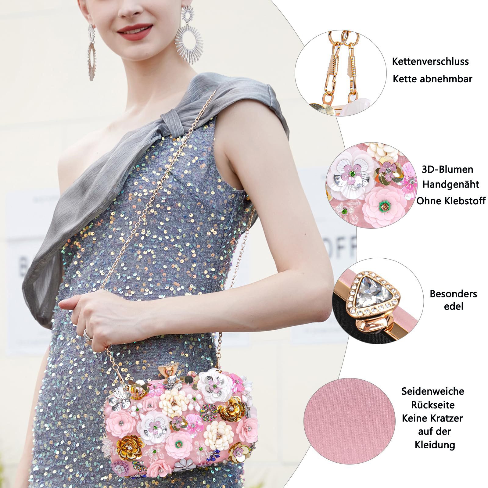 Zaewry Abendtasche Damen-Clutch mit Blumenmuster, Abendhandtasche, Schultertasche, mit Kettenriemen – Bild 5 von 5