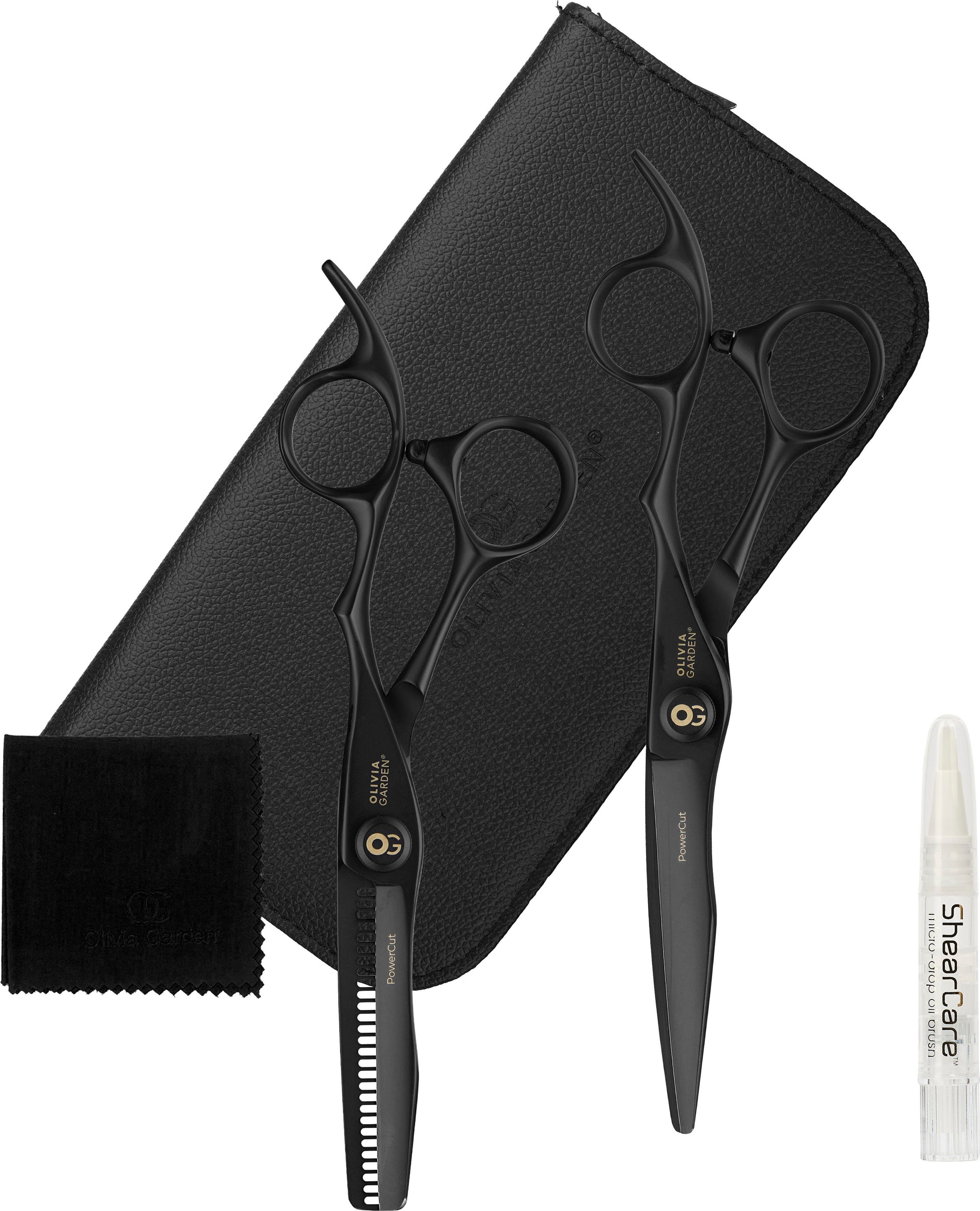 OLIVIA GARDEN Haarschere PowerCut Matt Black 6,25 Zoll, (Set, 2-tlg), Haarschere und Modellierschere | Haarscheren