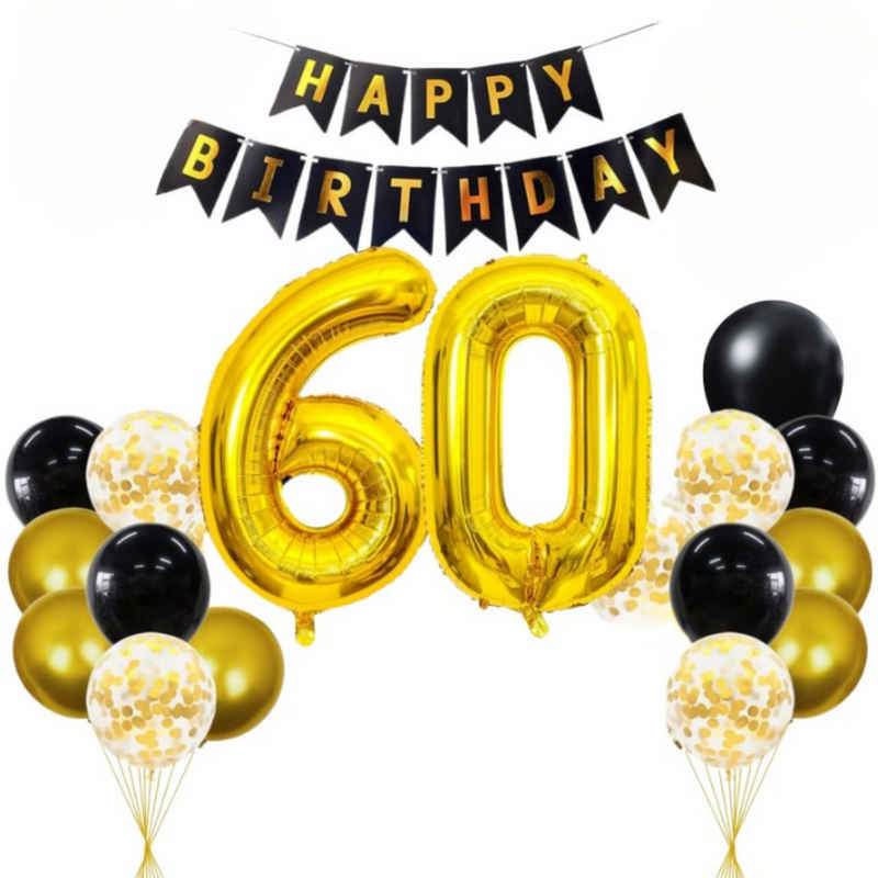 Montegoni Aufblasbares Partyzubehör 60 Geburtstag Deko Set Schwarz Gold, 20 Teilig Set: Girlande, Zahlen, Stern, Konfetti, Latex Ballons