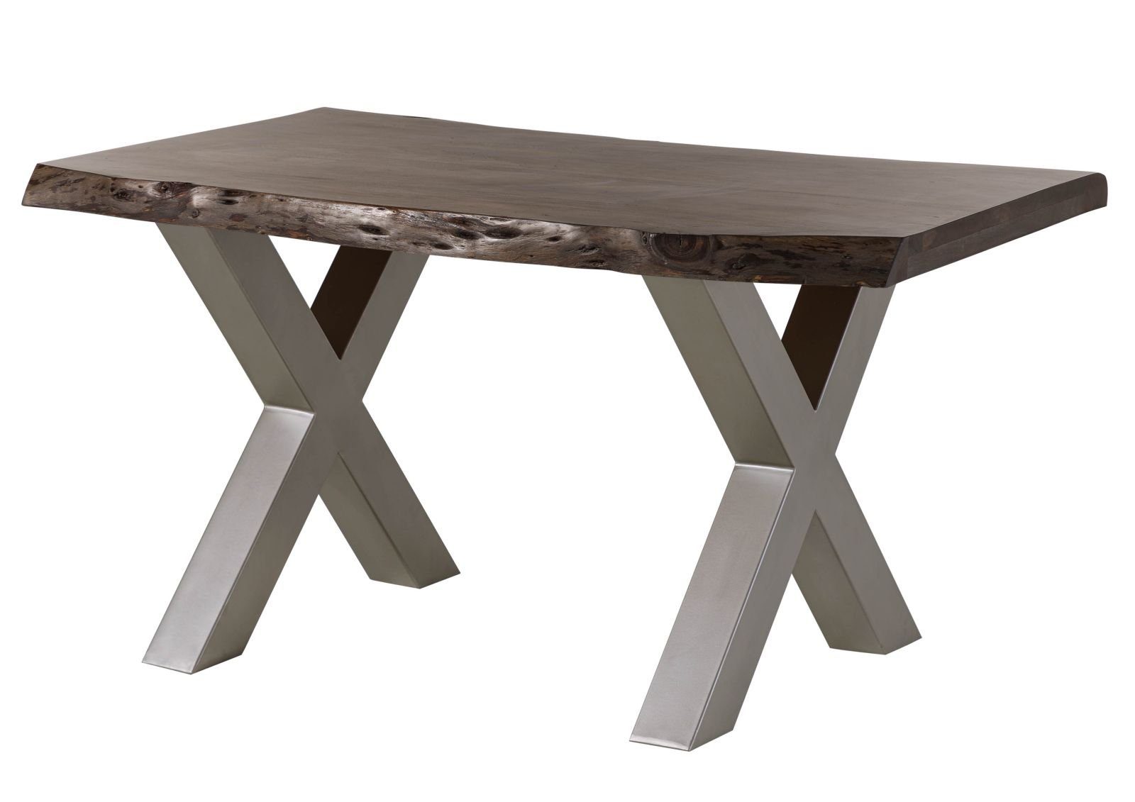 Massivmoebel24 Baumkantentisch FREEFORM (Massivholz, Massivholztisch), Baumtisch Akazie 140x90x77 grau / X-Beine silber FREEFORM 5