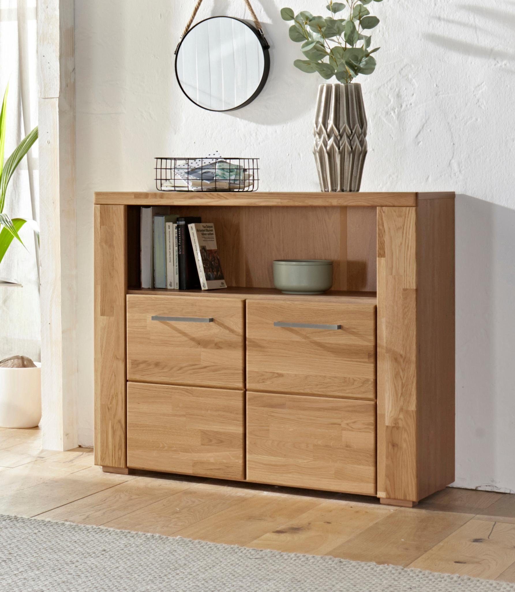 Home affaire Kommode Celle,90cm breit,35 cm tief, Fronten Massivholz, Holz massiv, Holzwerkstoff, Metall Griffe,3 breite Fächer