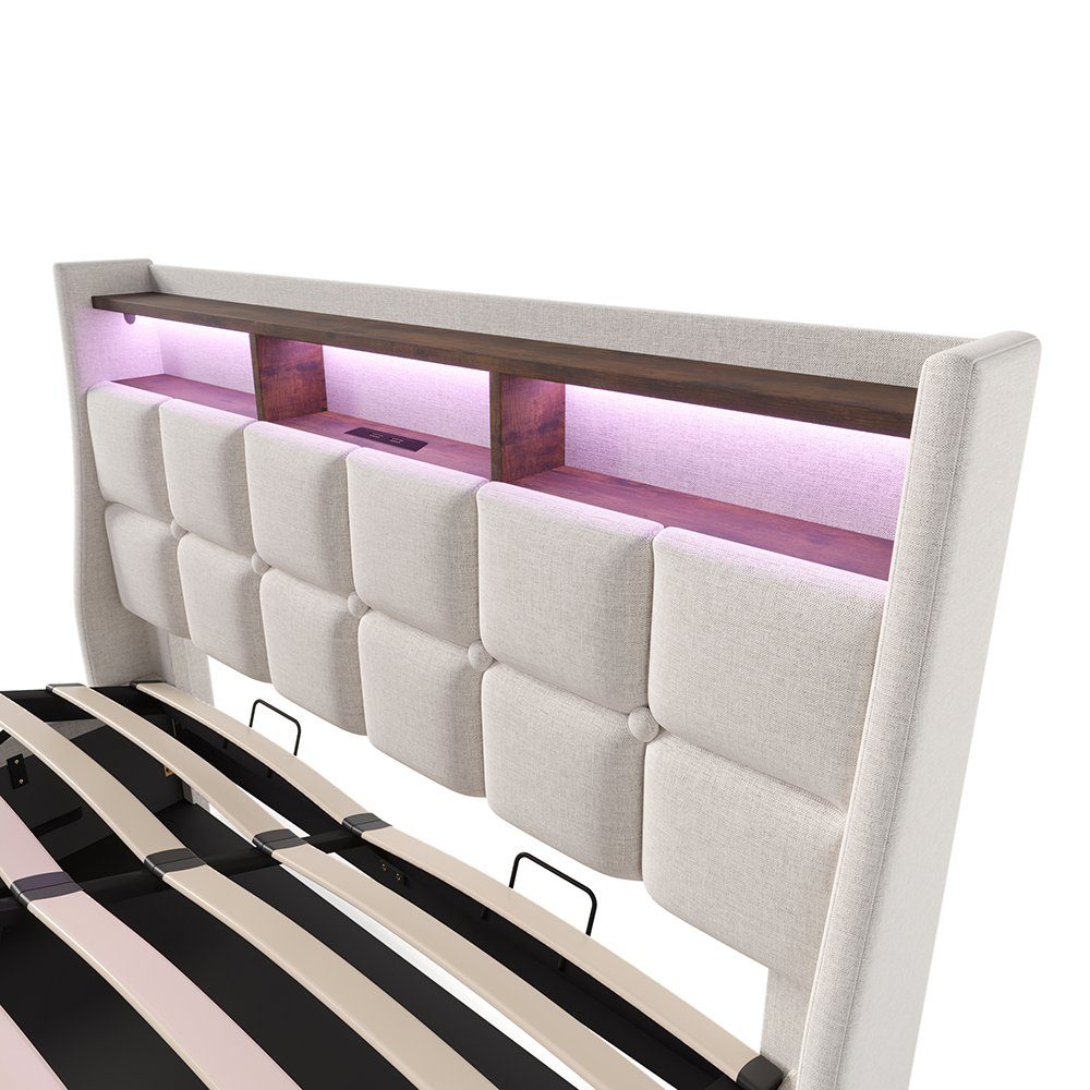 Polsterbett (Funktionsbett, 160x200 cm Hydraulisches Bett mit Lattenrost), Stauraumbett mit LED-Beleuchtung und USB-Anschluss, Baumwolle-Leinen