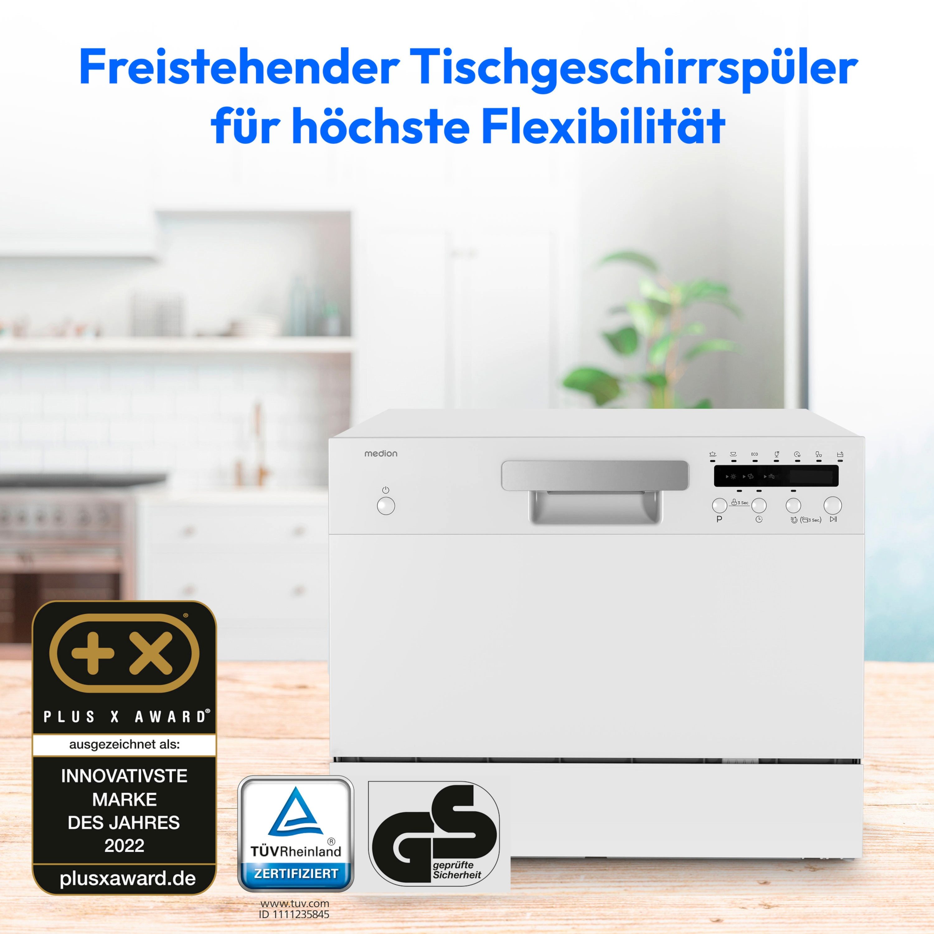 Medion® Tischgeschirrspüler MD37496, 6 Maßgedecke, mit/ohne Wasseranschluss, 7 Reinigungsprogramme, freistehend, weiß
