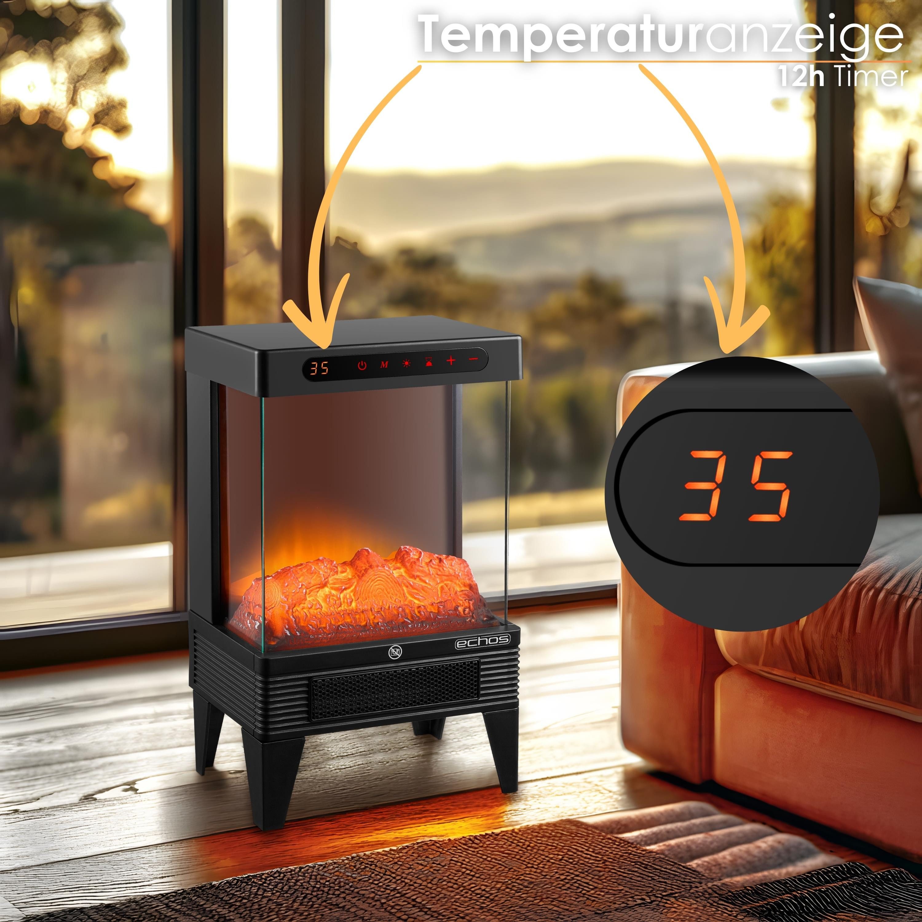 echos Heizlüfter Eco-3511, 1500 W, Realistische Kaminillusion, 2 Heizstufen, Touch Bedienfeld, Timer