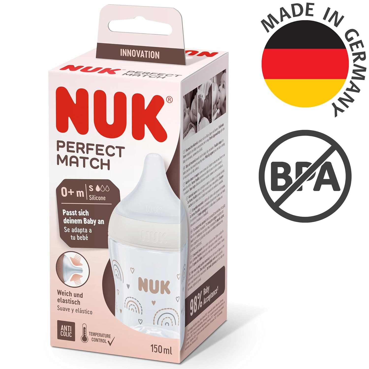 NUK Babyflasche NUK Perfect Match Flasche 150ml Silikon Gr. S – Regenbogen Design